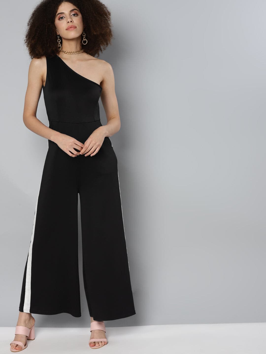 Black Scuba Tape Detail One Shoulder Jumpsuit-Jumpsuits-SASSAFRAS