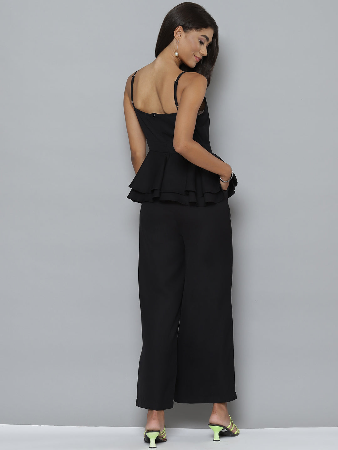 Women Black Strappy Peplum Layered Jumpsuit