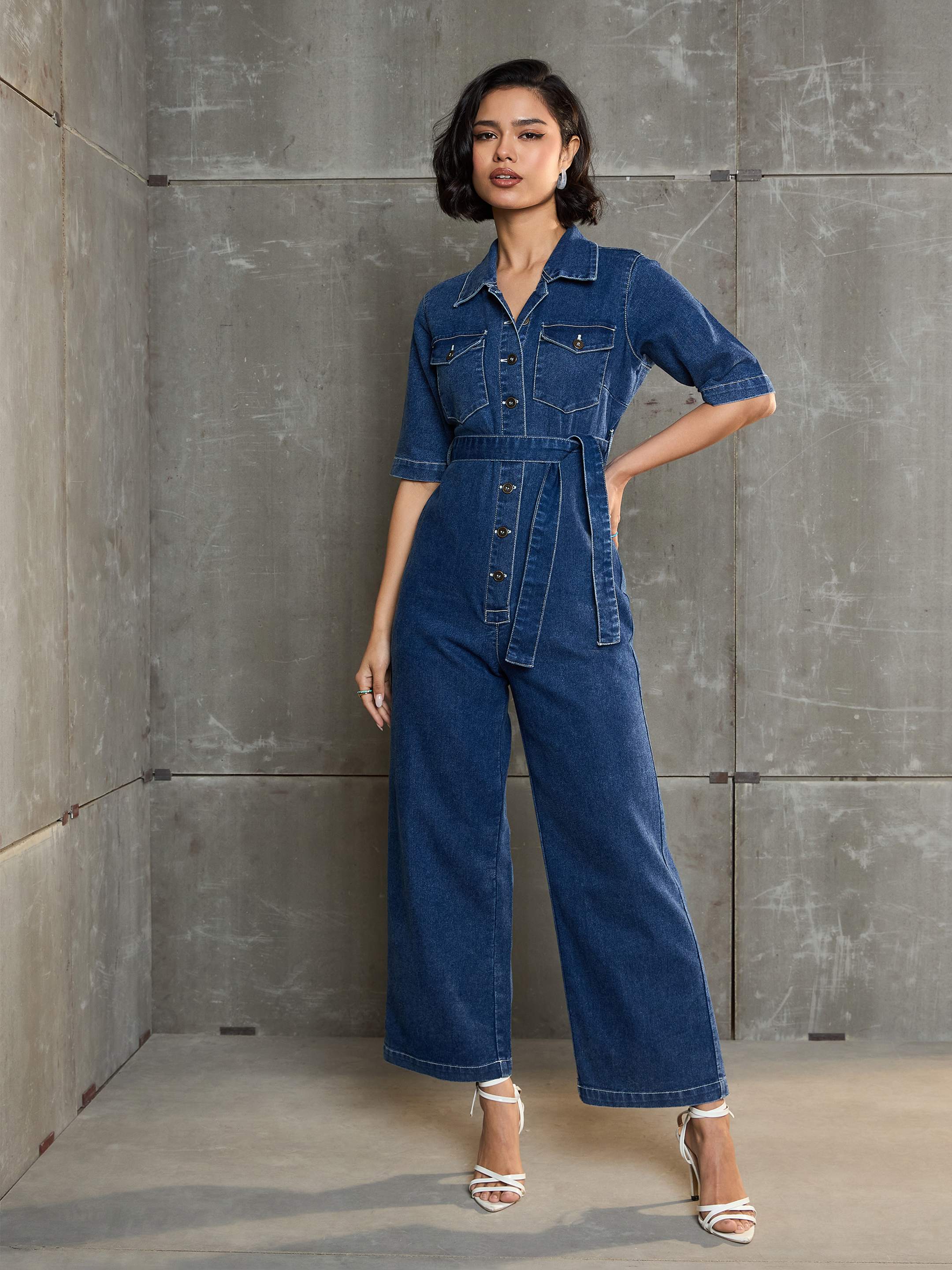 Women Blue Washed Denim Short Sleeve Jumpsuit