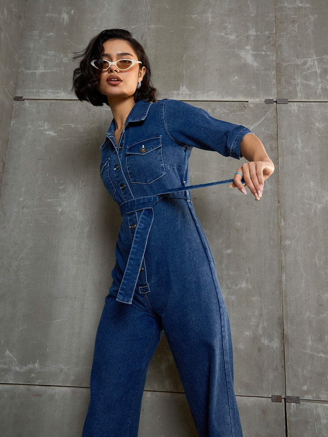 Women Blue Washed Denim Short Sleeve Jumpsuit