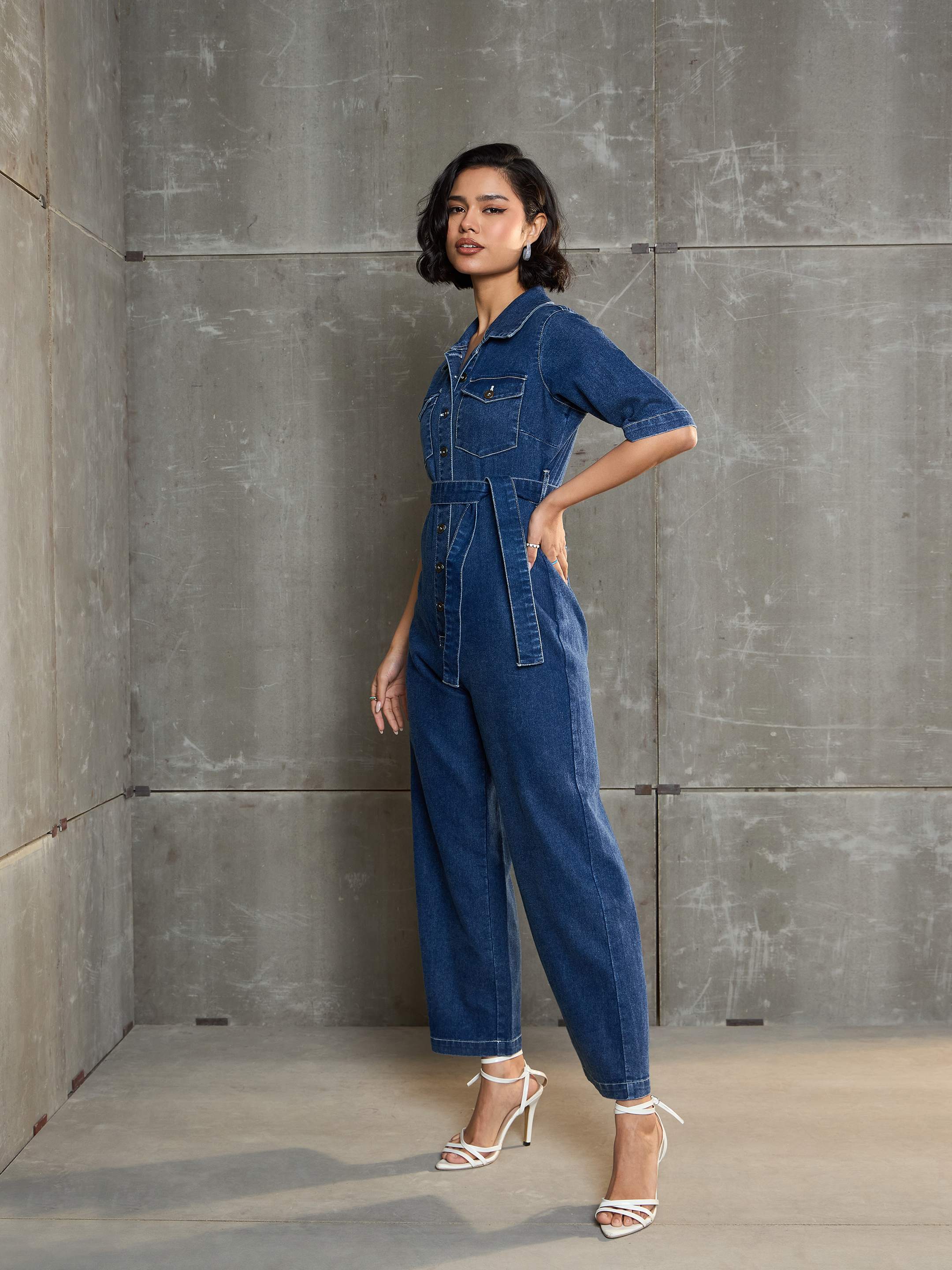 Women Blue Washed Denim Short Sleeve Jumpsuit