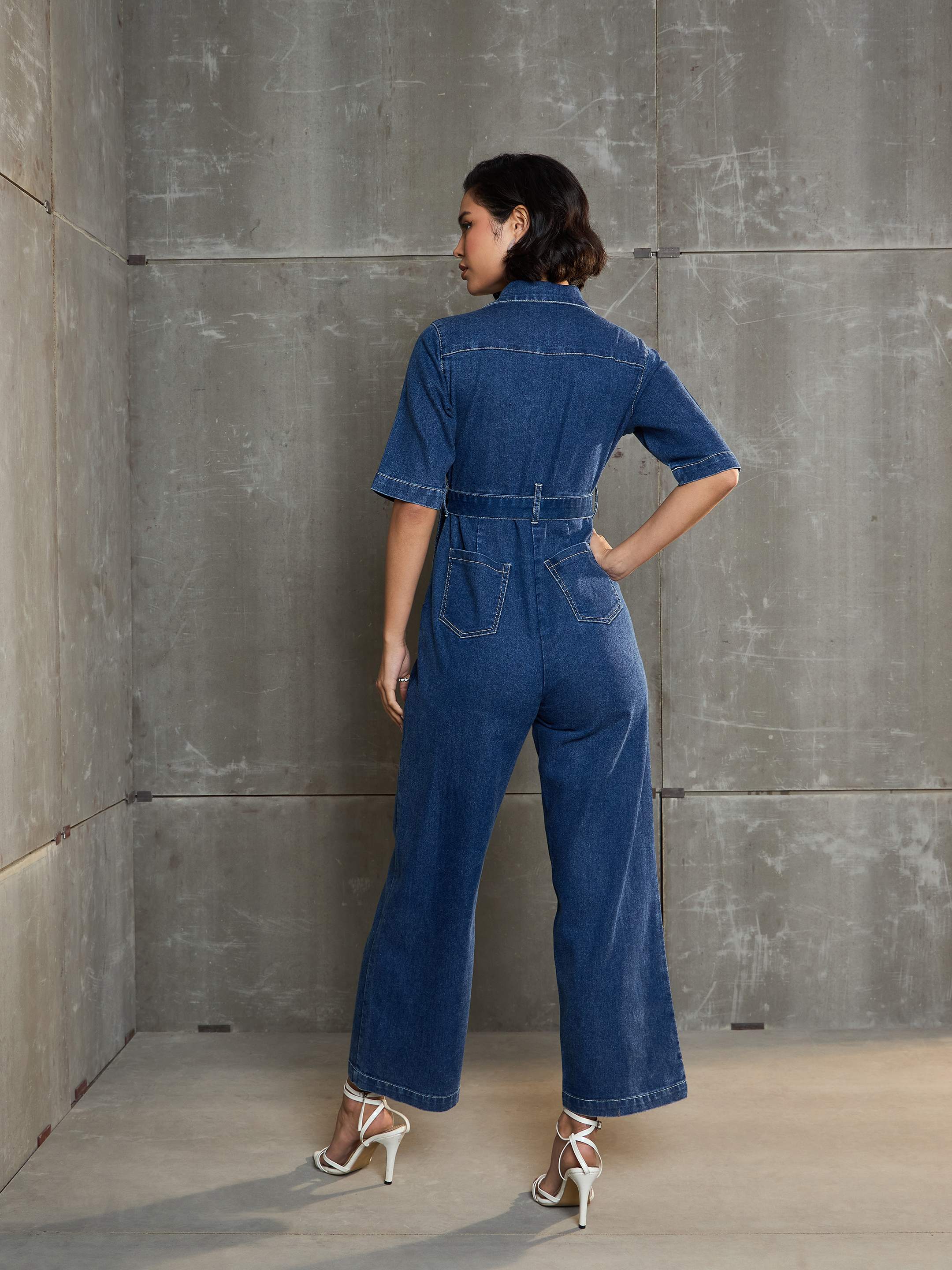 Women Blue Washed Denim Short Sleeve Jumpsuit