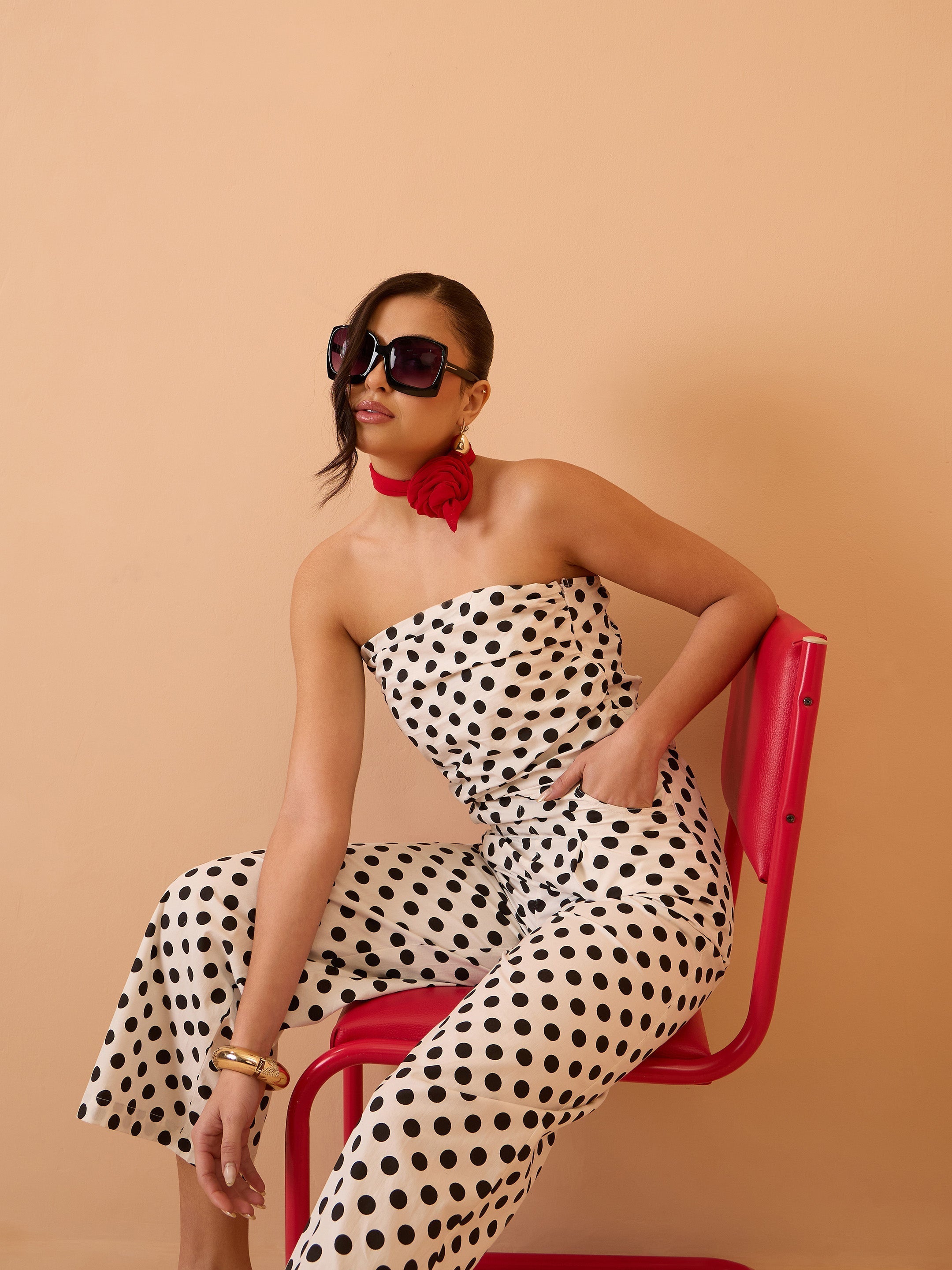 Women White & Black Small Polka Dot Off Shoulder Jumpsuit