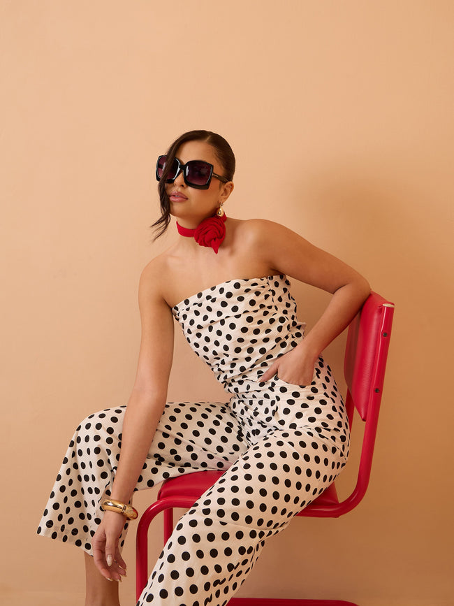 Women White & Black Small Polka Dot Off Shoulder Jumpsuit
