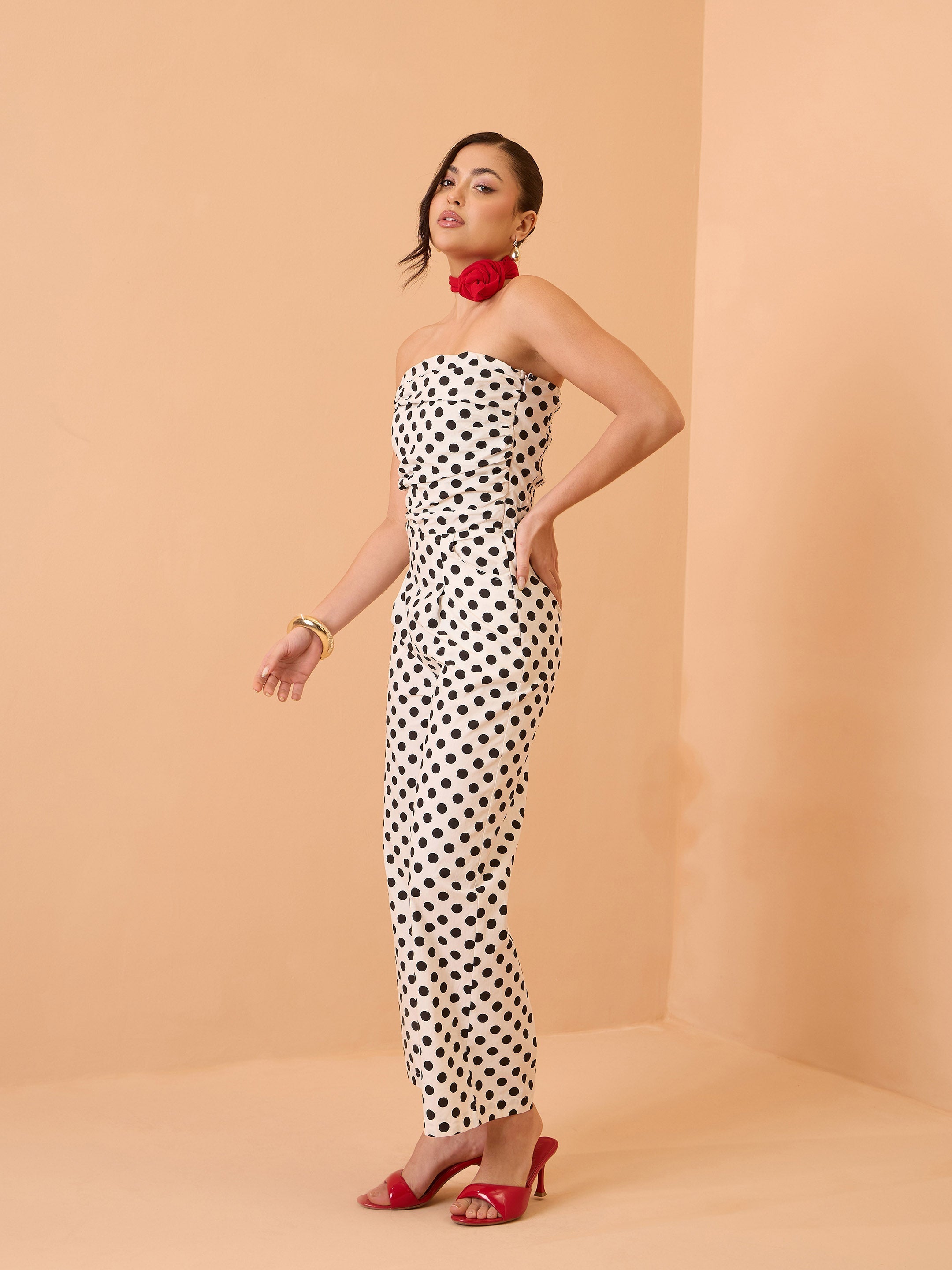 Women White & Black Small Polka Dot Off Shoulder Jumpsuit