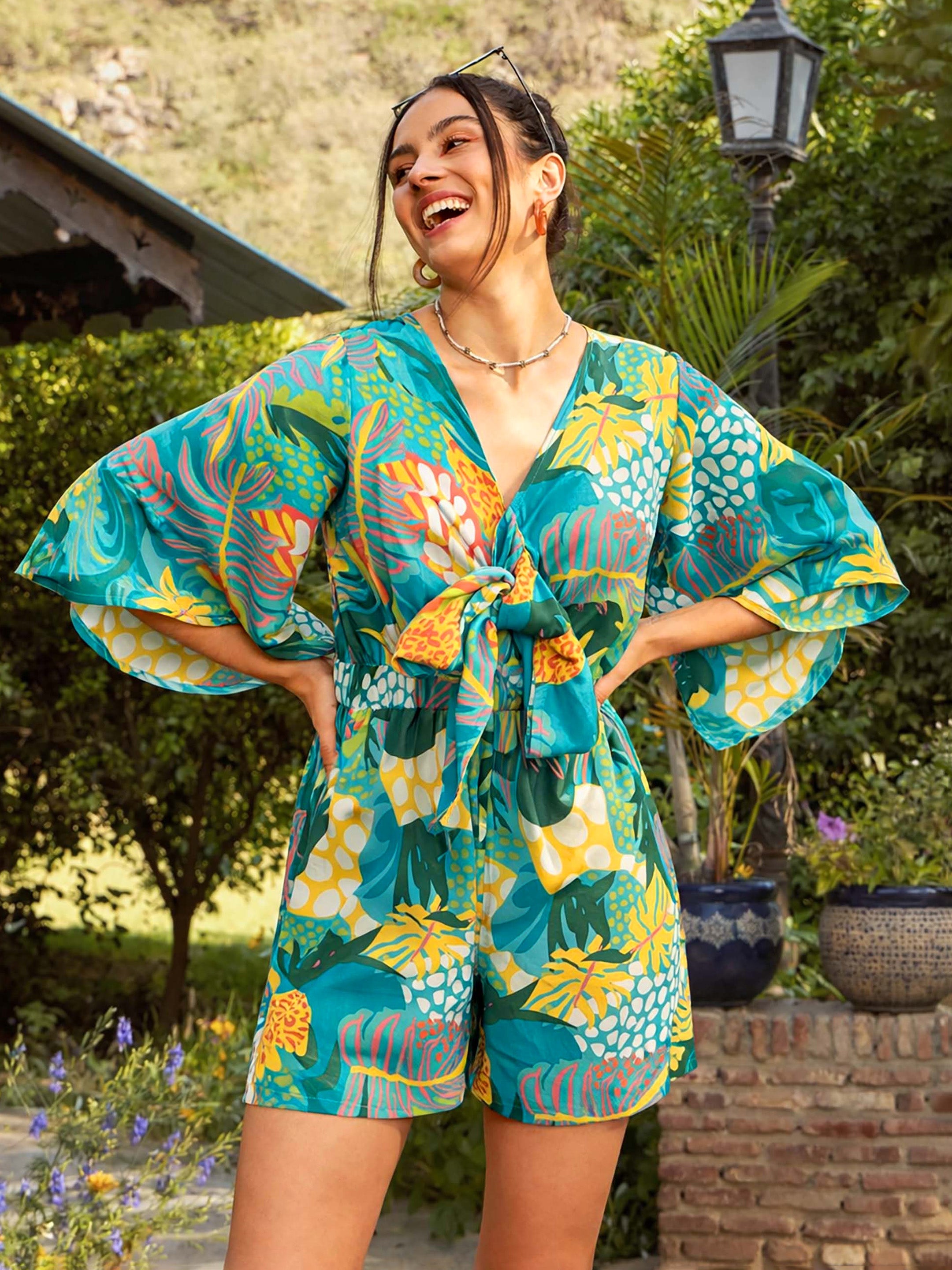 Women Green Floral Front Tie Knot Playsuit