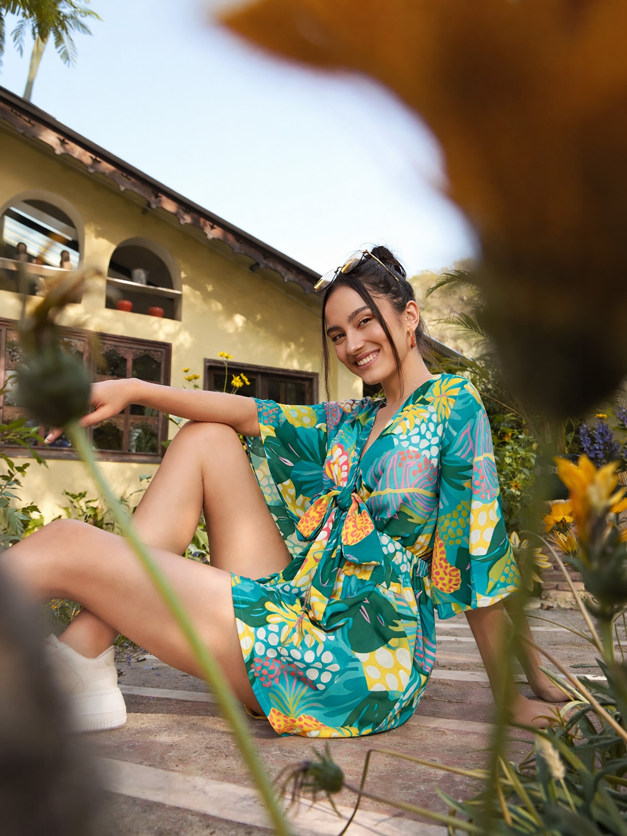 Women Green Floral Front Tie Knot Playsuit