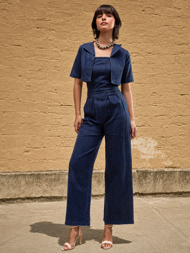 Women Navy Denim Jumpsuit With Crop Jacket
