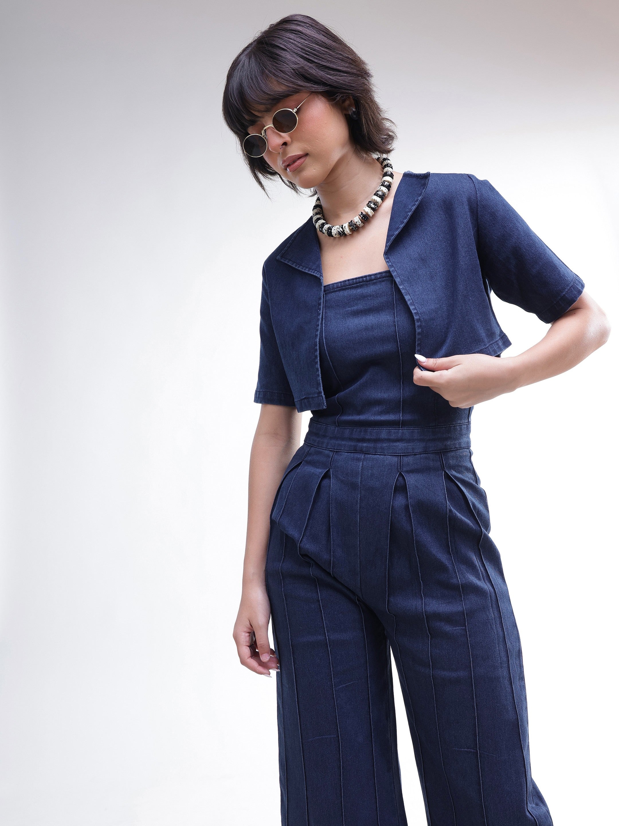 Women Navy Denim Jumpsuit With Crop Jacket