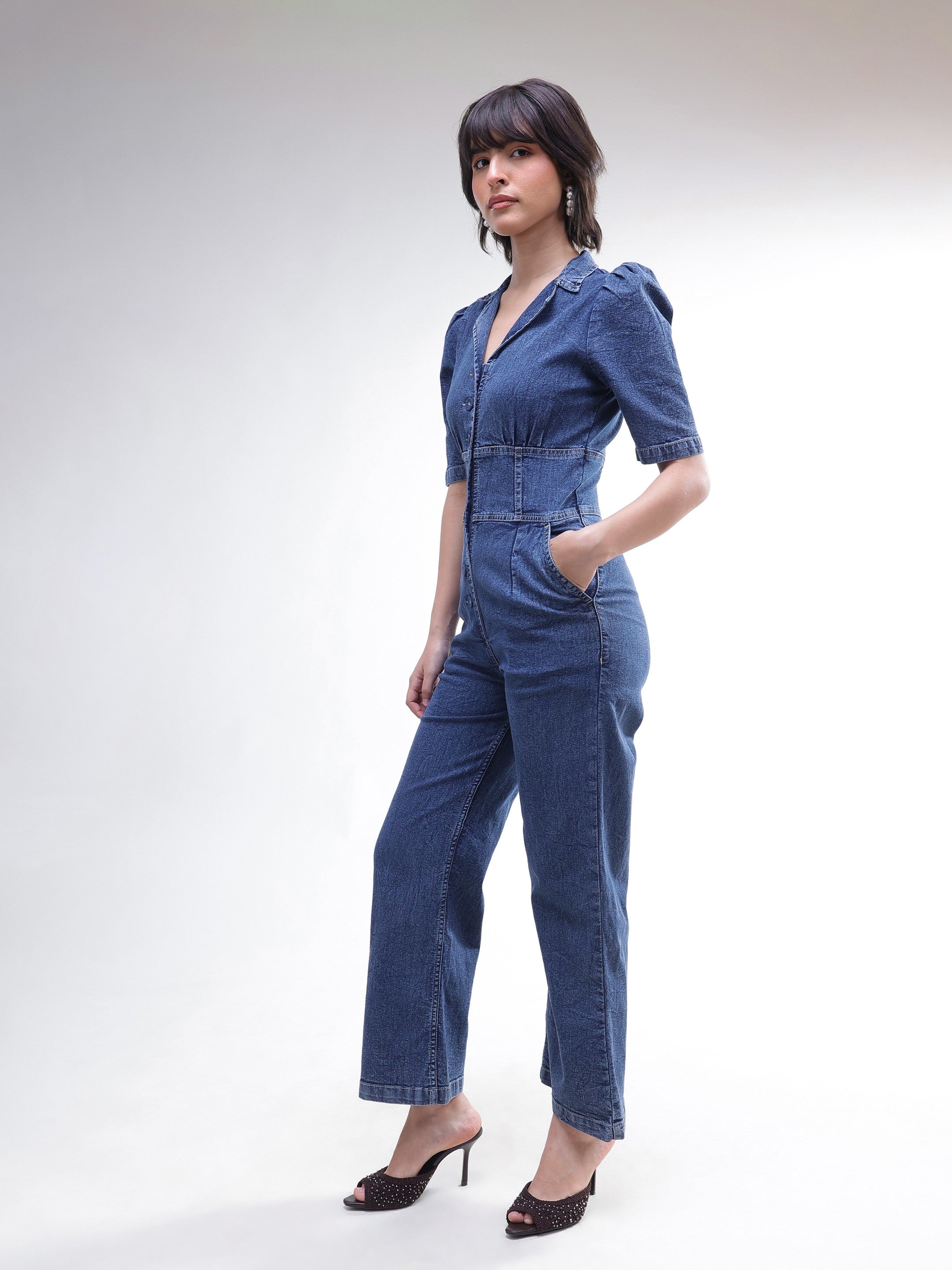 Women Blue Washed Denim Button Down Jumpsuit