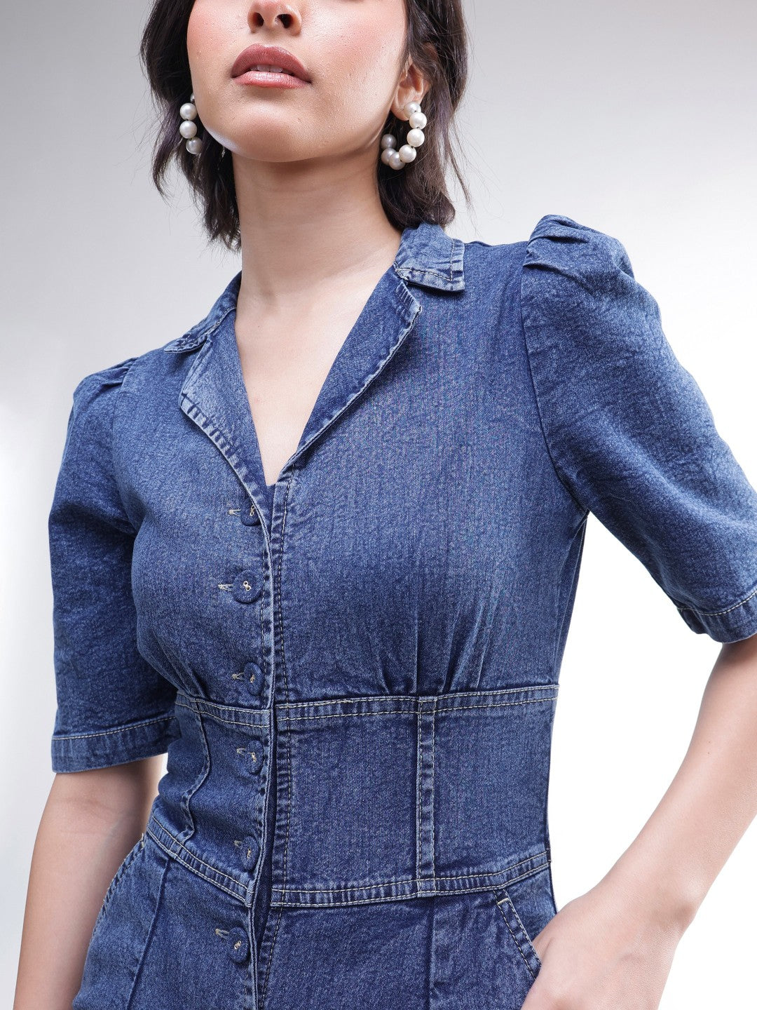 Women Blue Washed Denim Button Down Jumpsuit