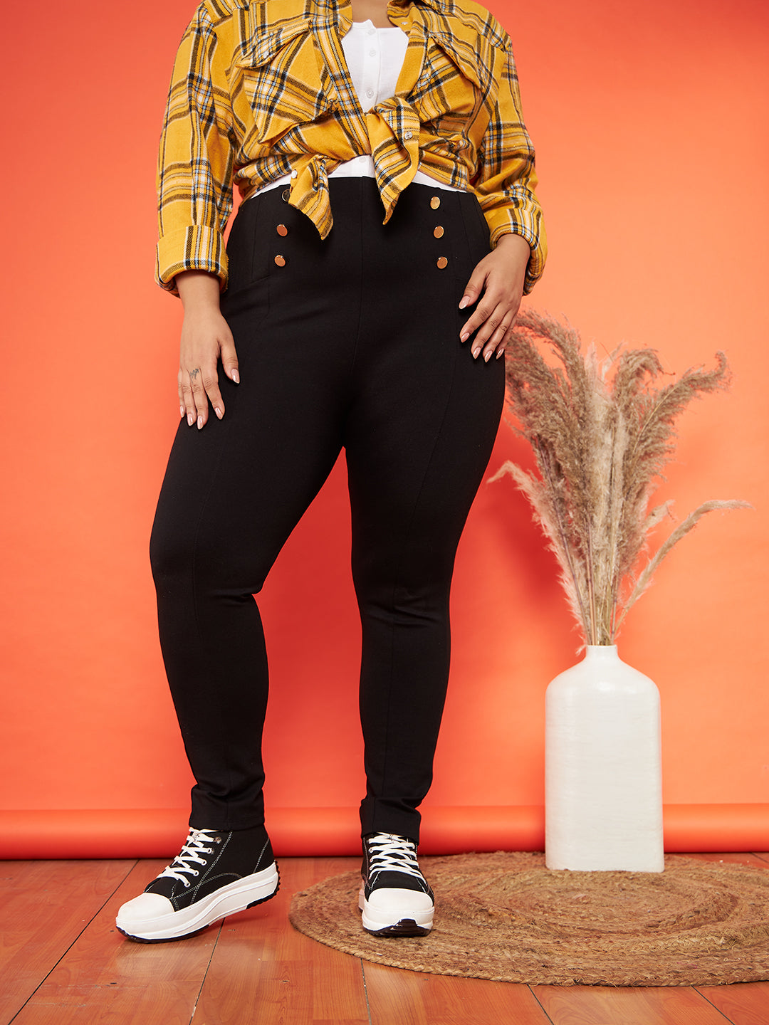 Women Black Show Button High Waist Jeggings