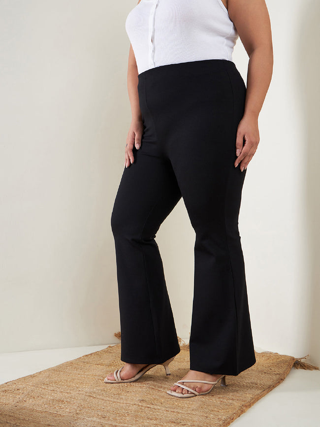 Women Black Bell Bottom 4-Way Stretch Trousers