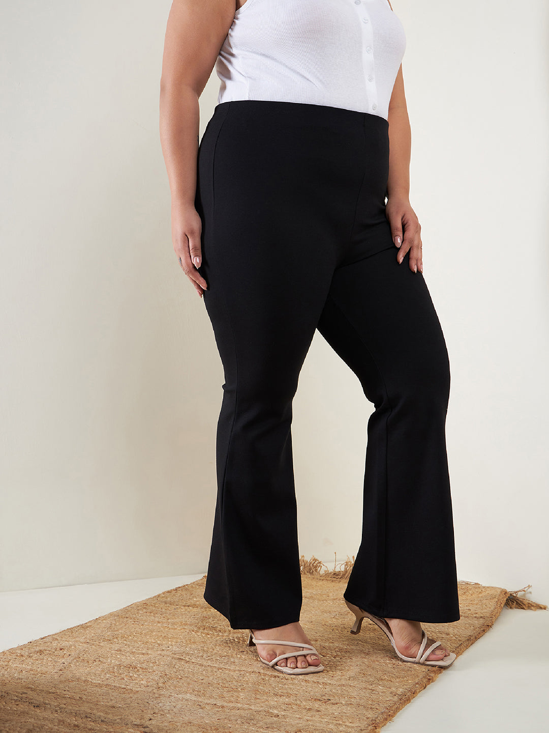 Women Black Bell Bottom 4-Way Stretch Trousers