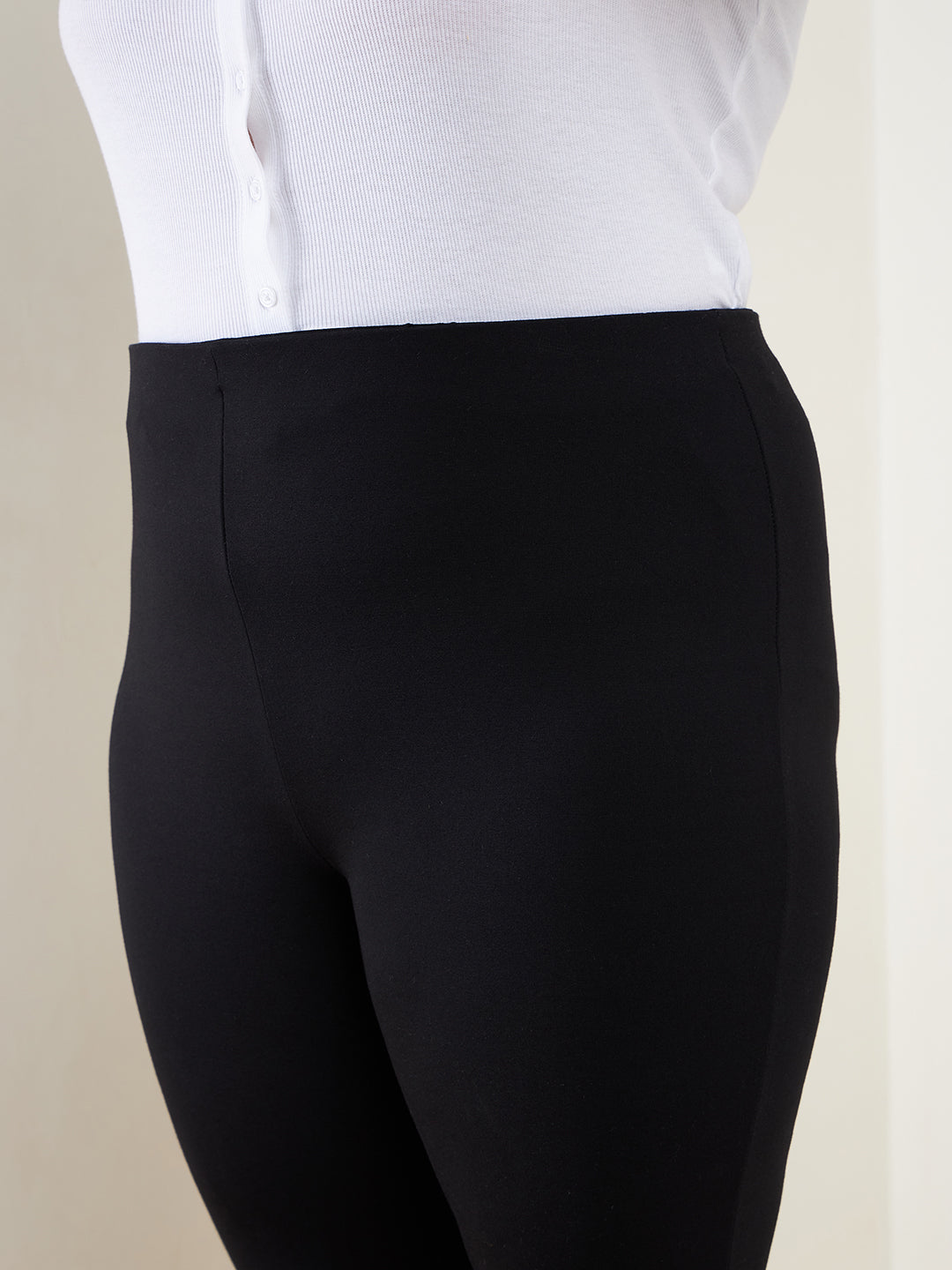 Women Black Bell Bottom 4-Way Stretch Trousers