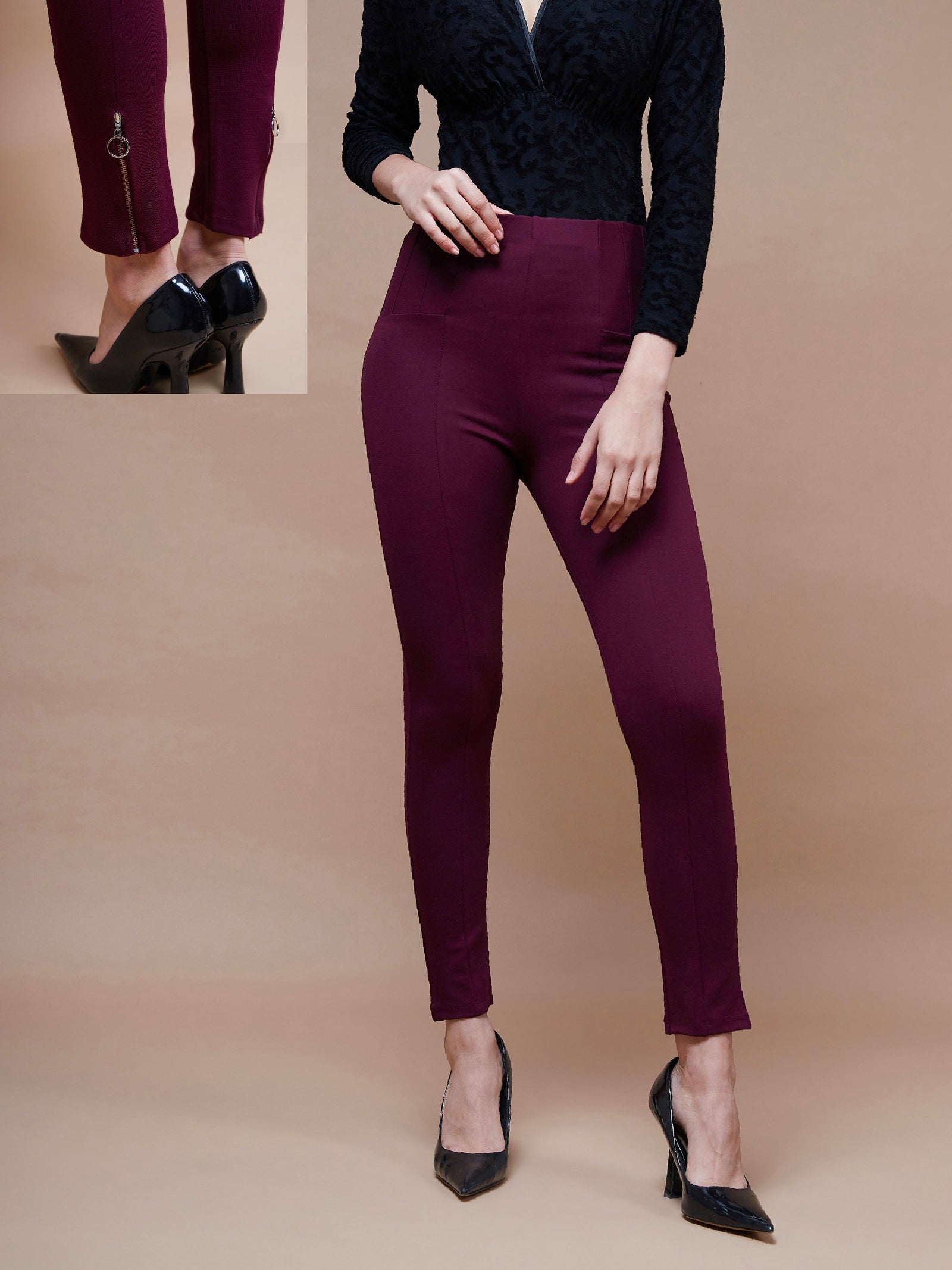 Women Burgundy Bottom Zipper Jeggings