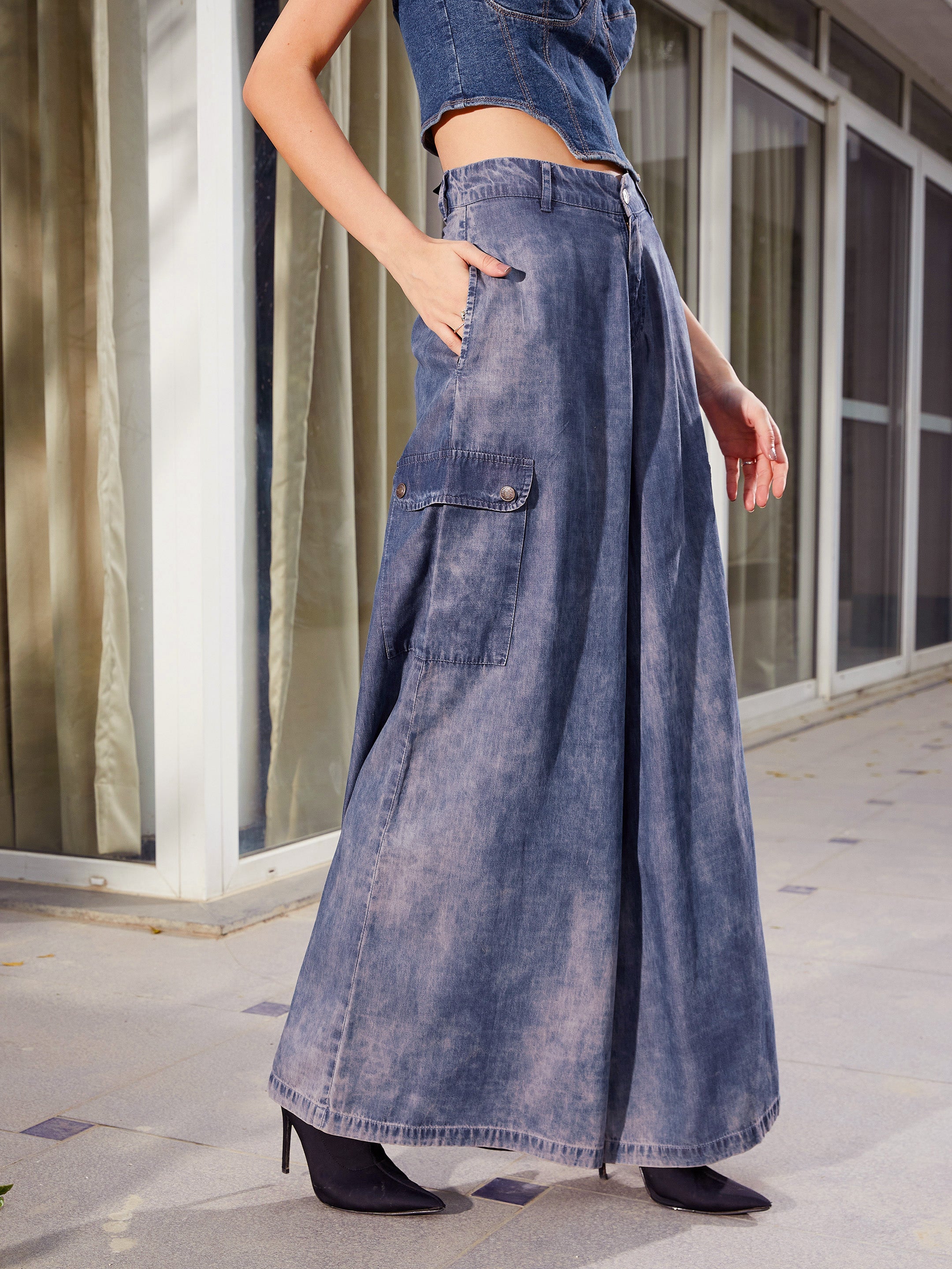 Women Blue Acid Wash Tencel Wide Leg Pants
