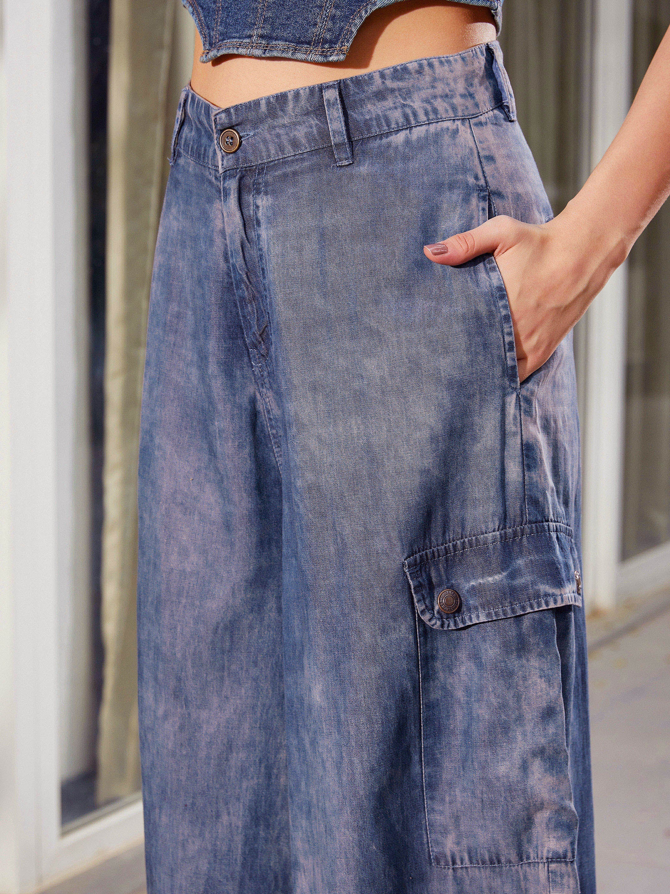 Women Blue Acid Wash Tencel Wide Leg Pants