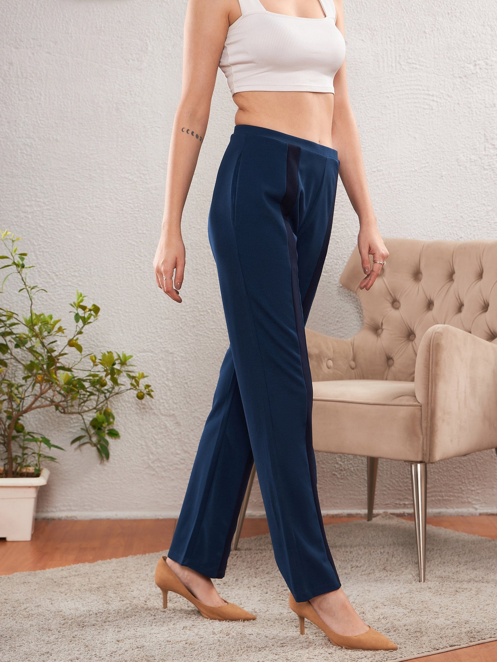 Women Blue Front Tape Bootleg Pants