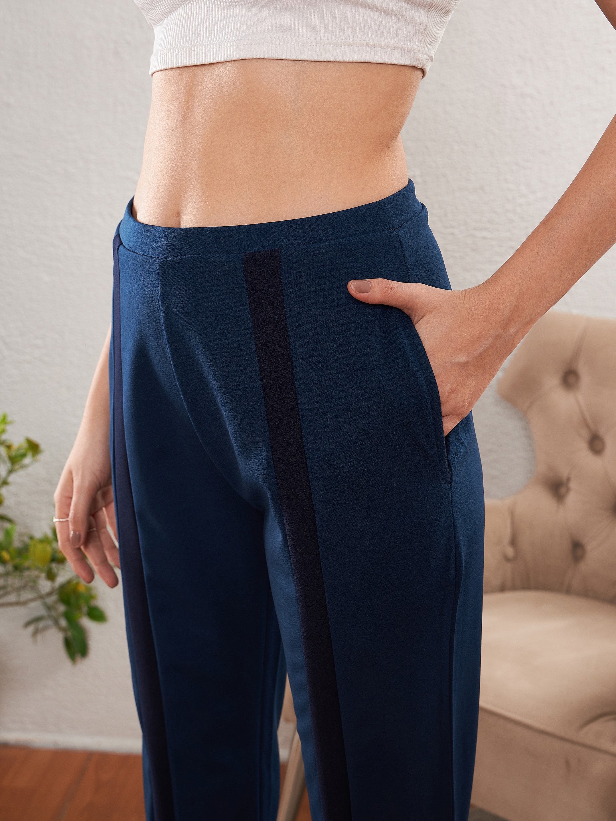 Women Blue Front Tape Bootleg Pants