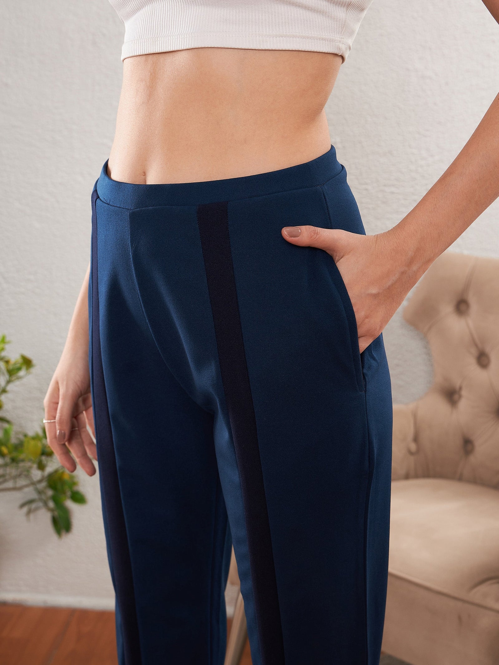 Women Blue Front Tape Bootleg Pants