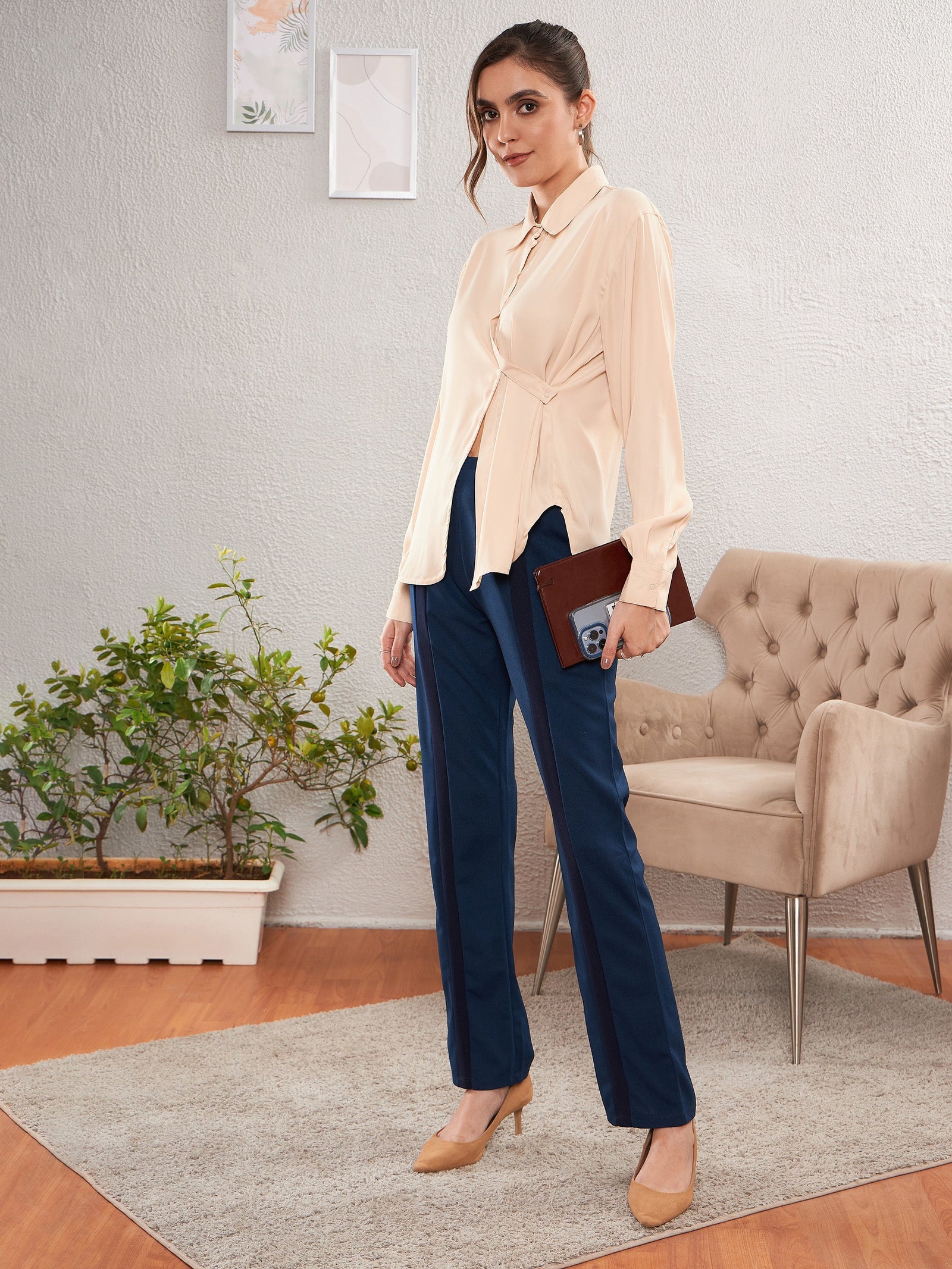 Women Blue Front Tape Bootleg Pants