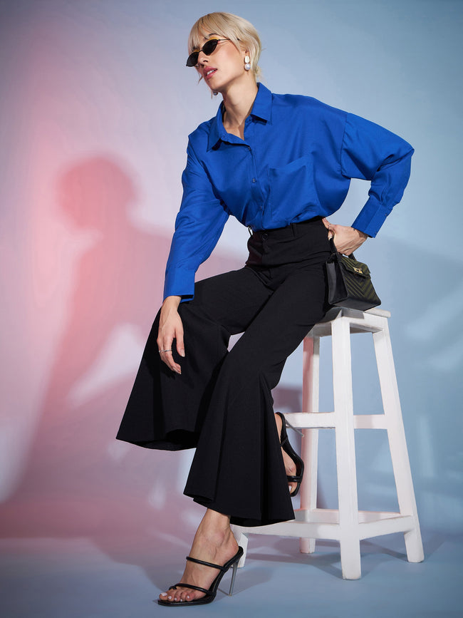 Women Black Bell Bottom Kick Pleats Knitted Pants