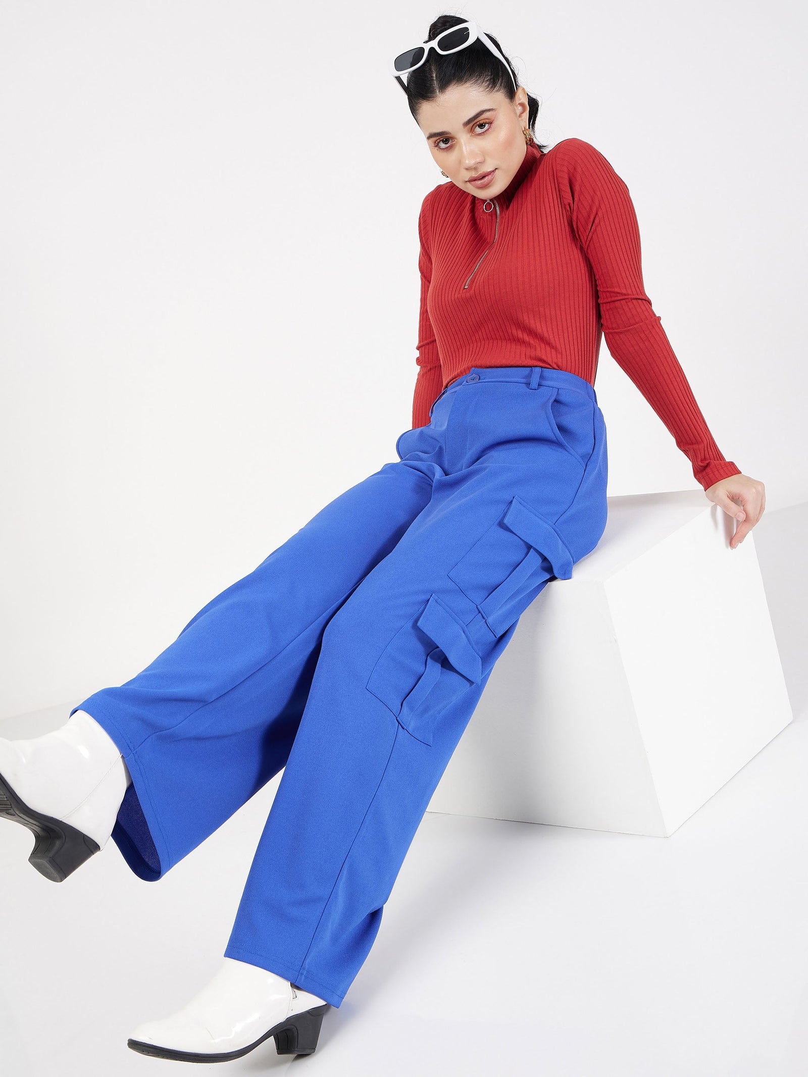 Women Royal Blue Multi Pocket Detail Cargo Pants