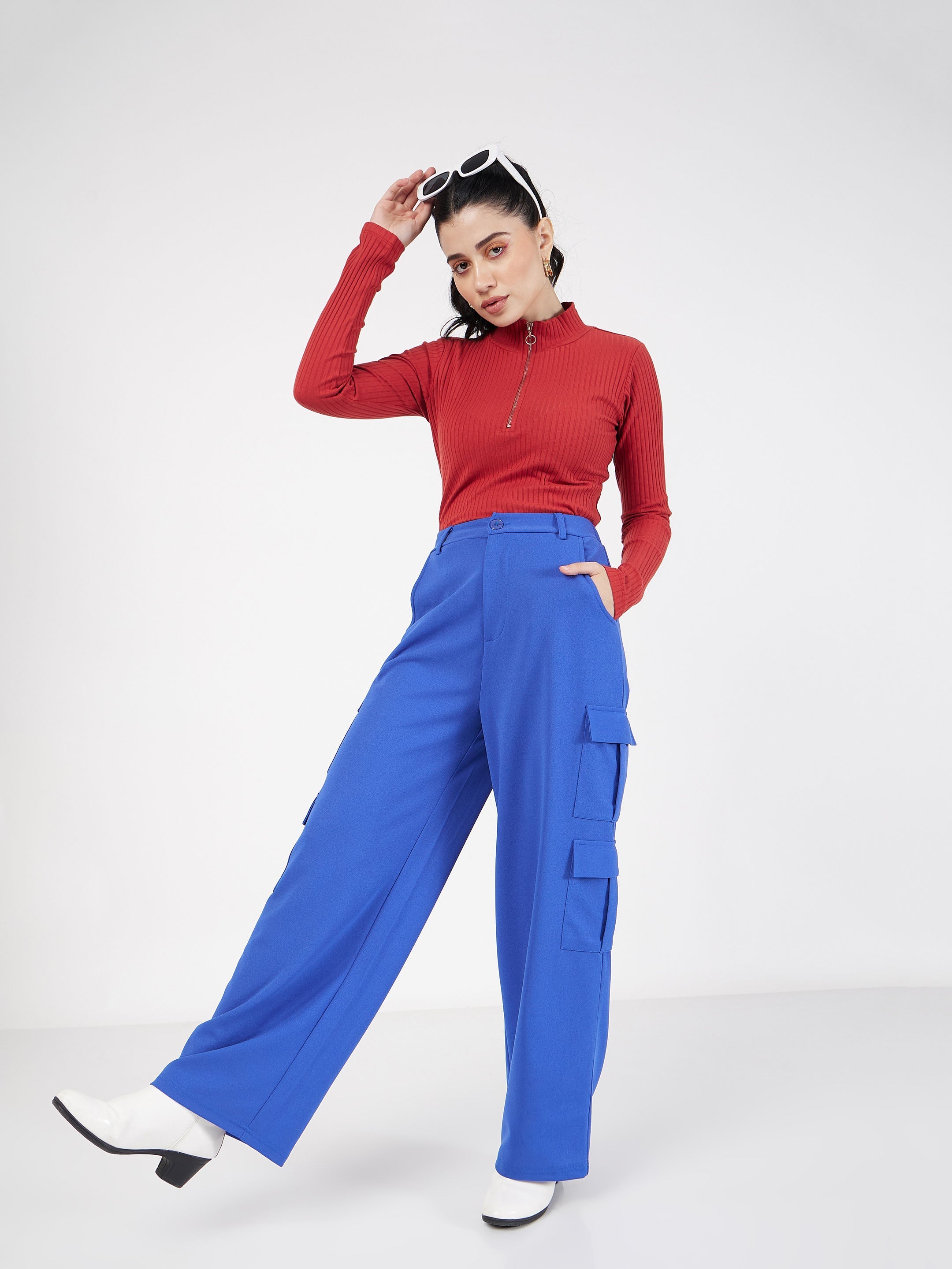 Women Royal Blue Multi Pocket Detail Cargo Pants