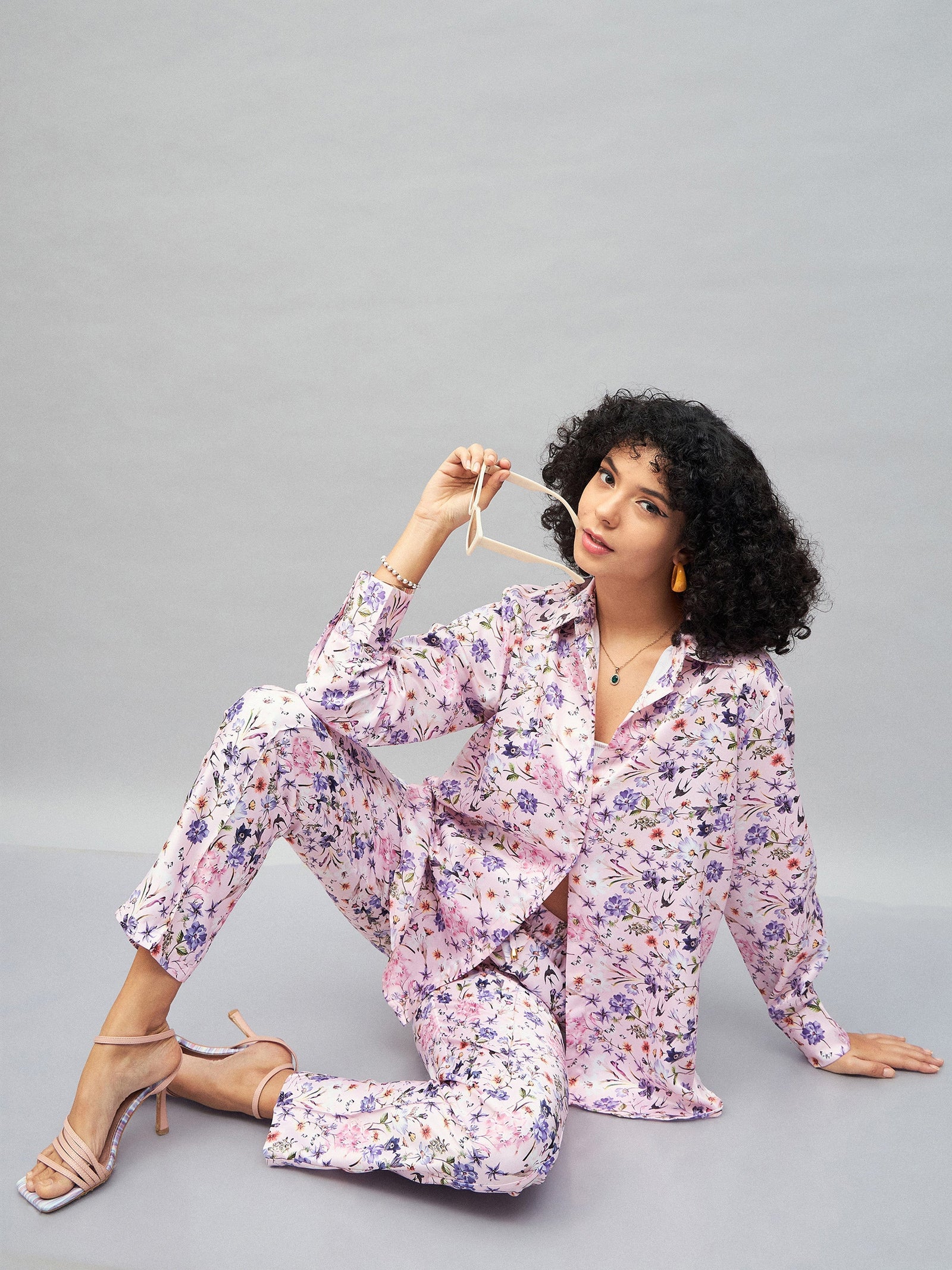 Pink Satin Floral Darted Pants-SASSAFRAS