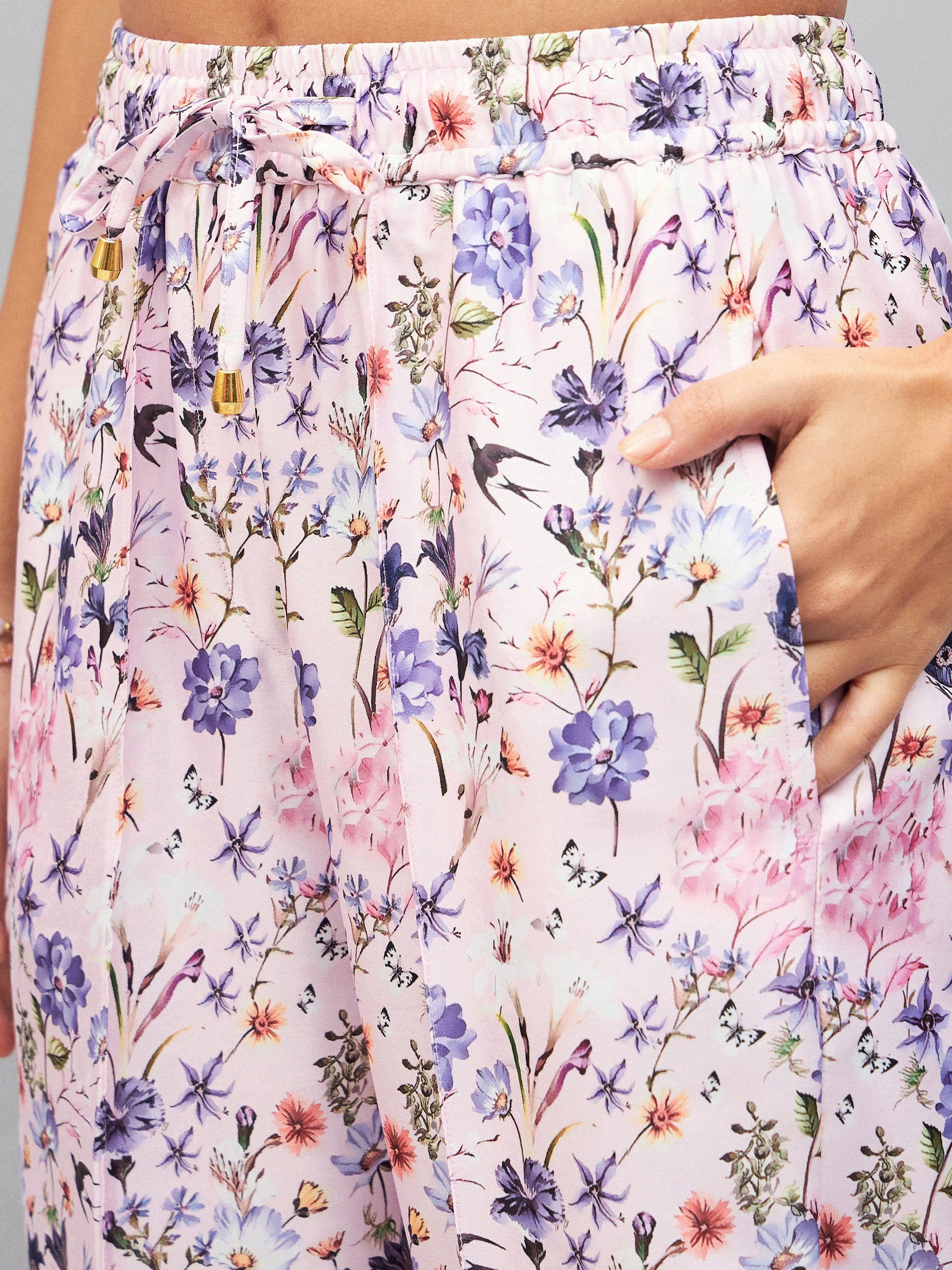 Pink Satin Floral Darted Pants-SASSAFRAS