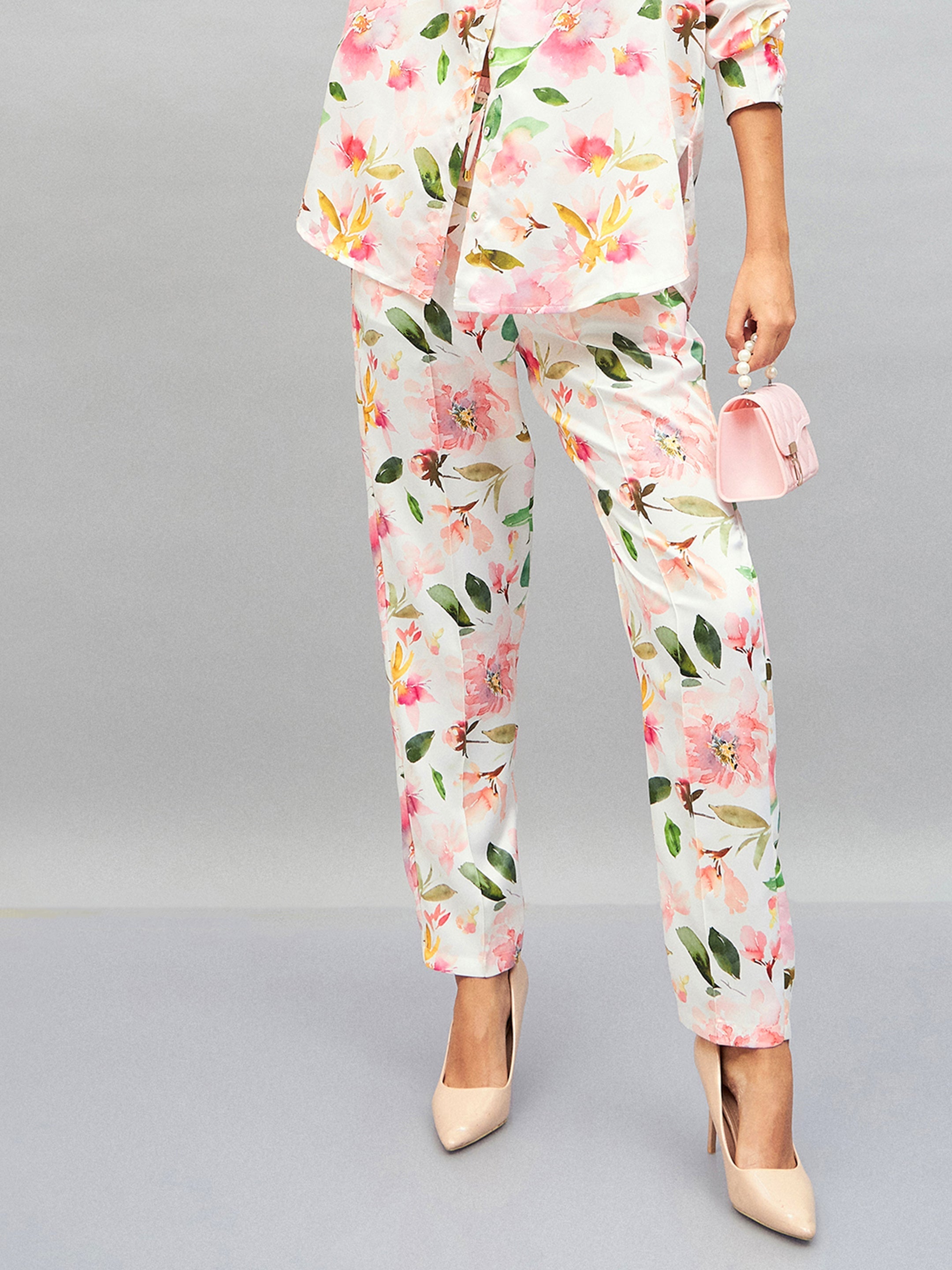 White Satin Floral Darted Pants-SASSAFRAS