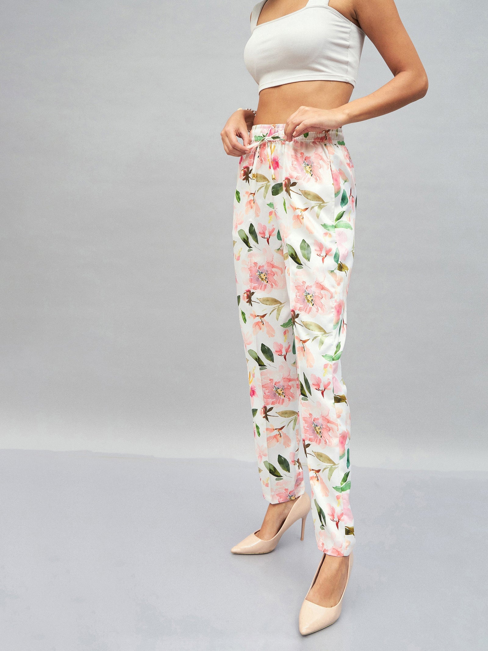 White Satin Floral Darted Pants-SASSAFRAS