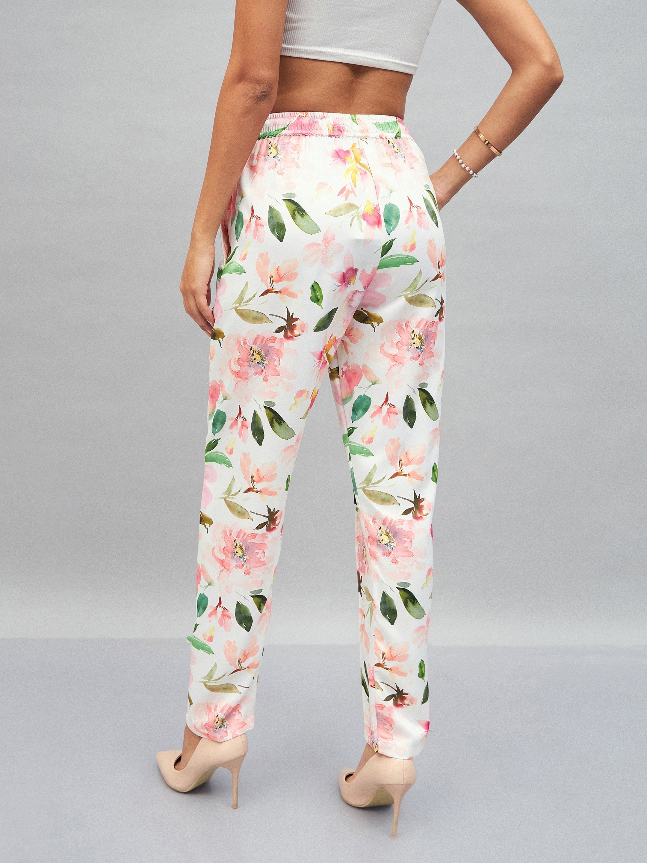 White Satin Floral Darted Pants-SASSAFRAS