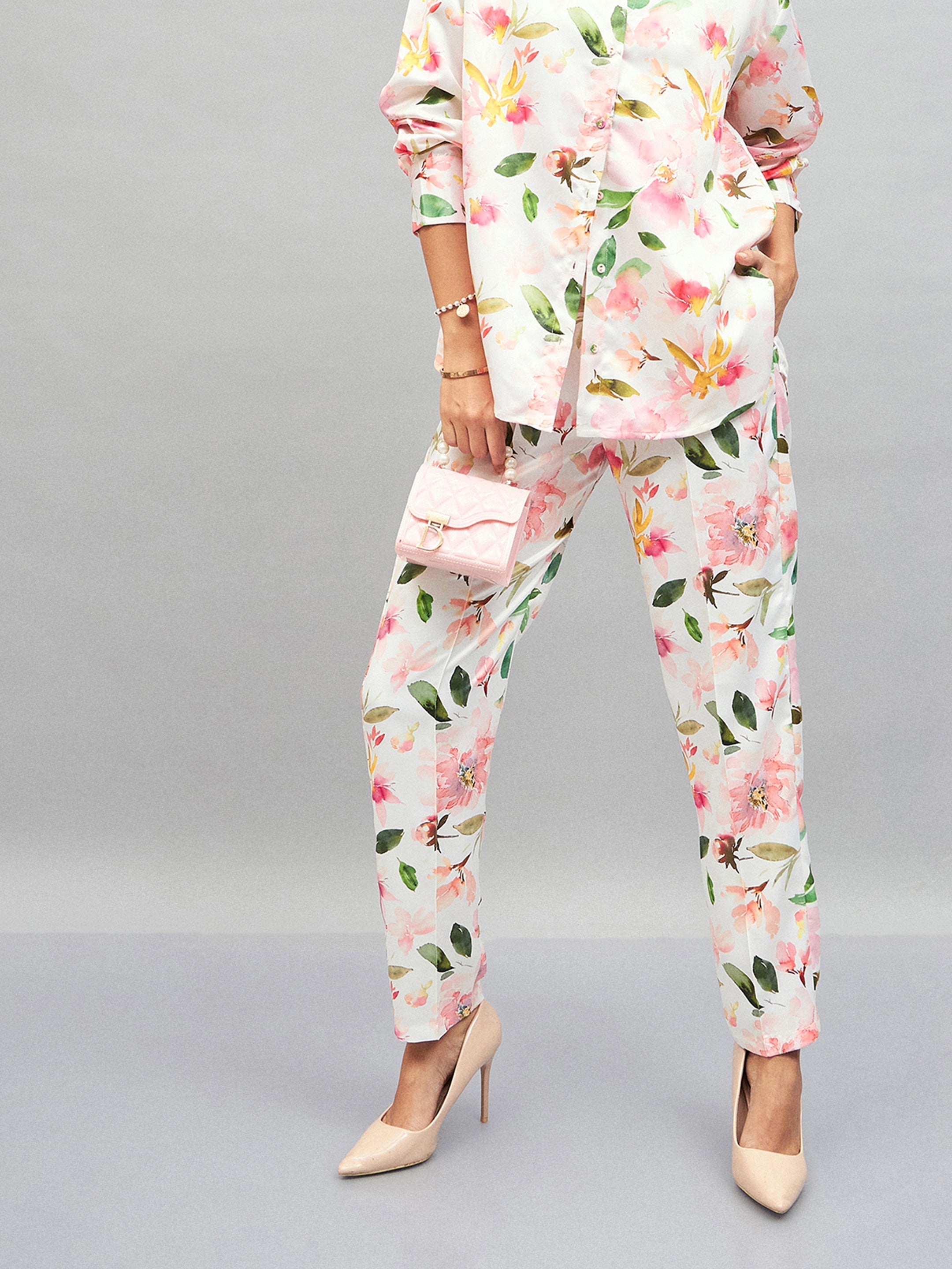 White Satin Floral Darted Pants-SASSAFRAS