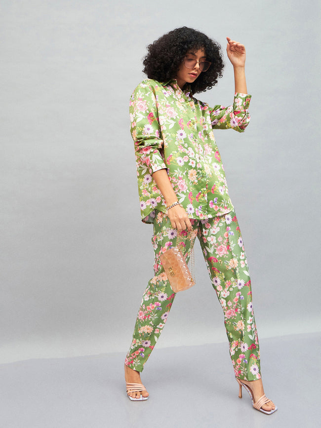 Olive Satin Floral Darted Pants-SASSAFRAS