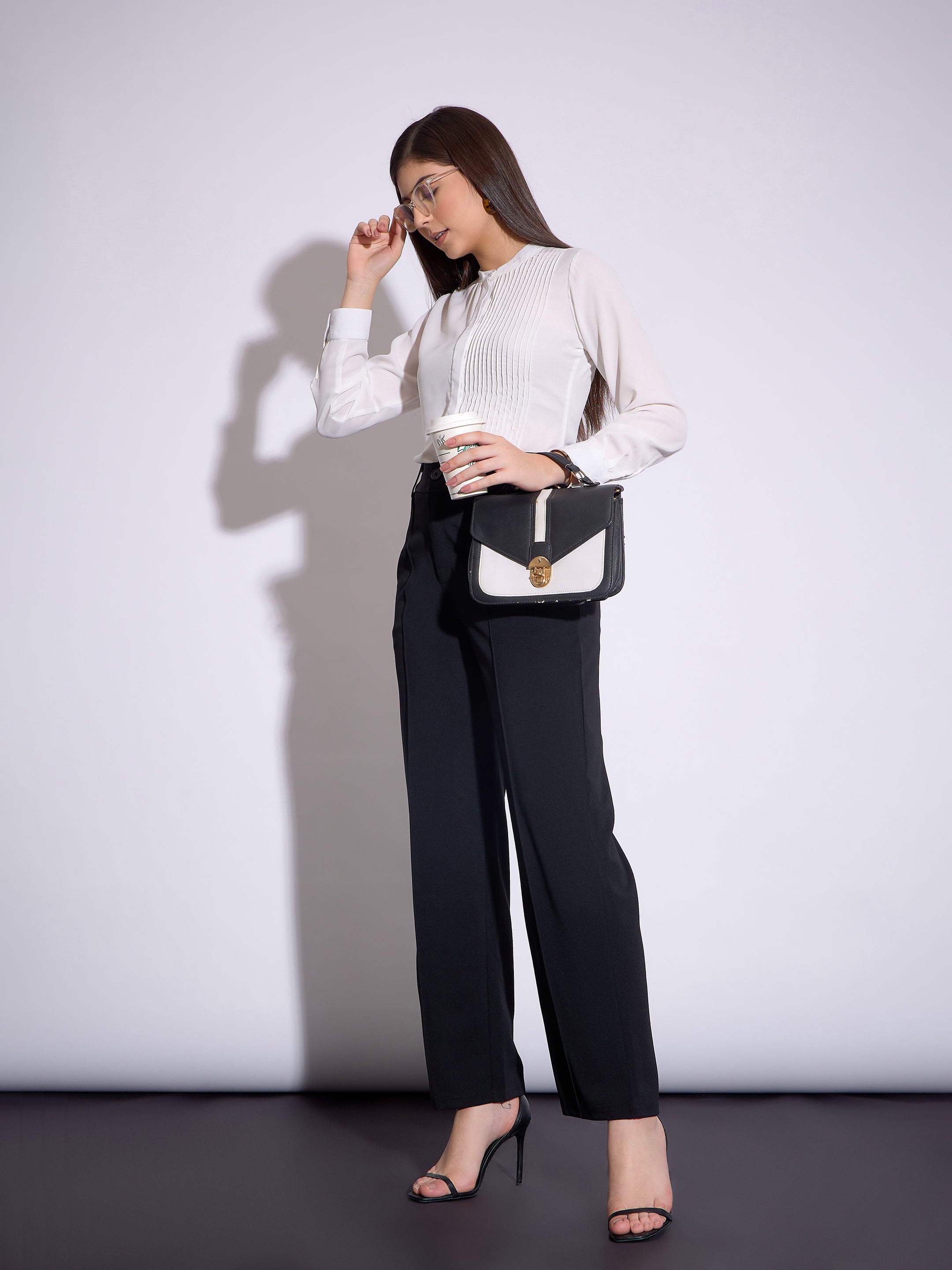 Women Black Front Darted Pants