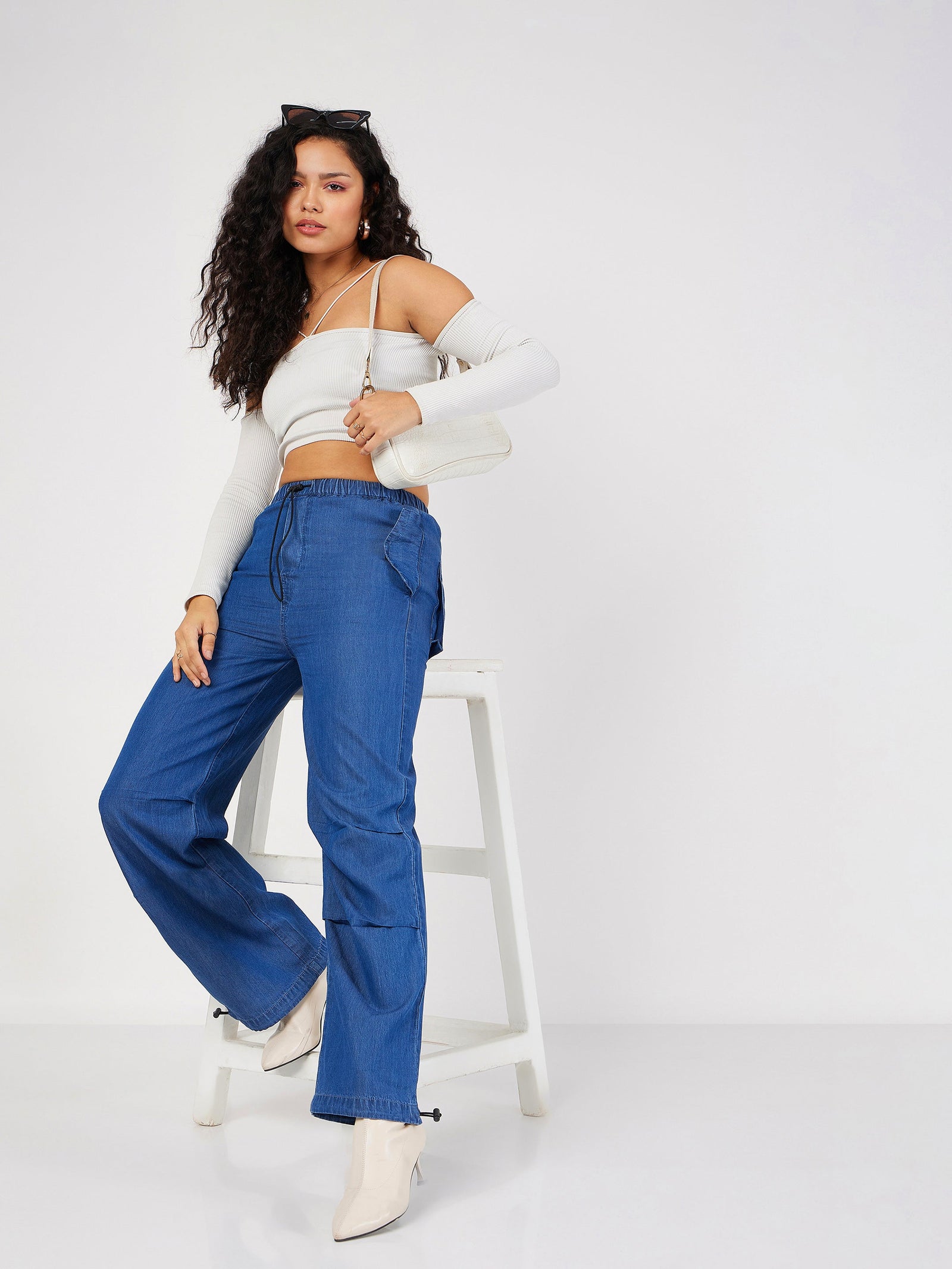 Blue Denim Baggy Fit Cargo Pants-SASSAFRAS