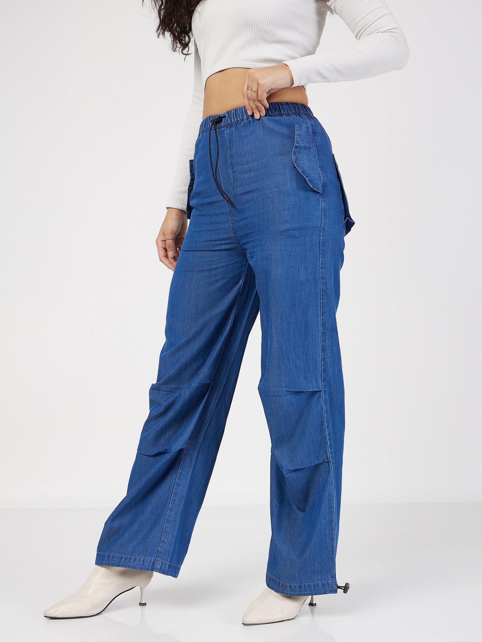 Blue Denim Baggy Fit Cargo Pants-SASSAFRAS