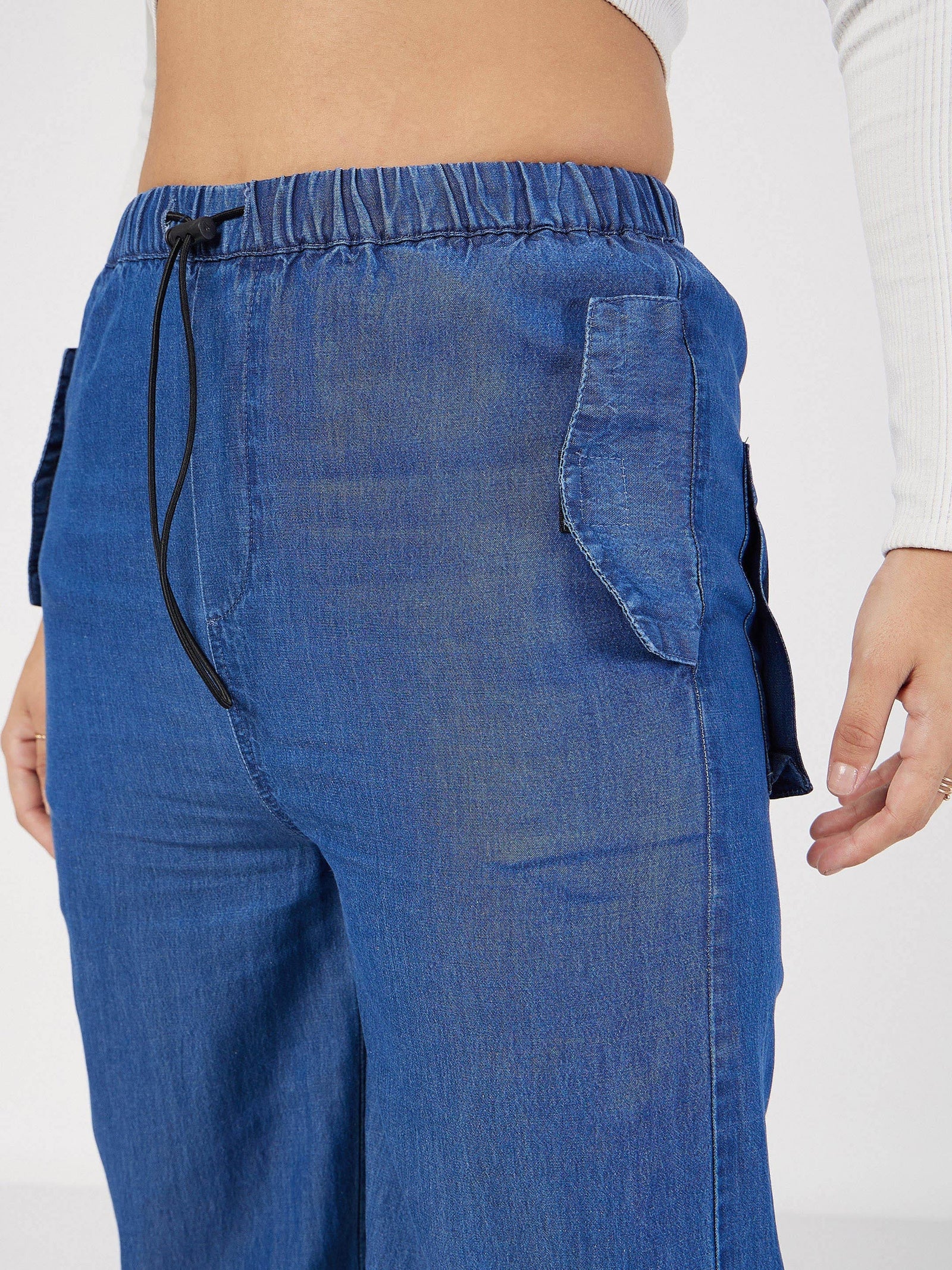 Blue Denim Baggy Fit Cargo Pants-SASSAFRAS