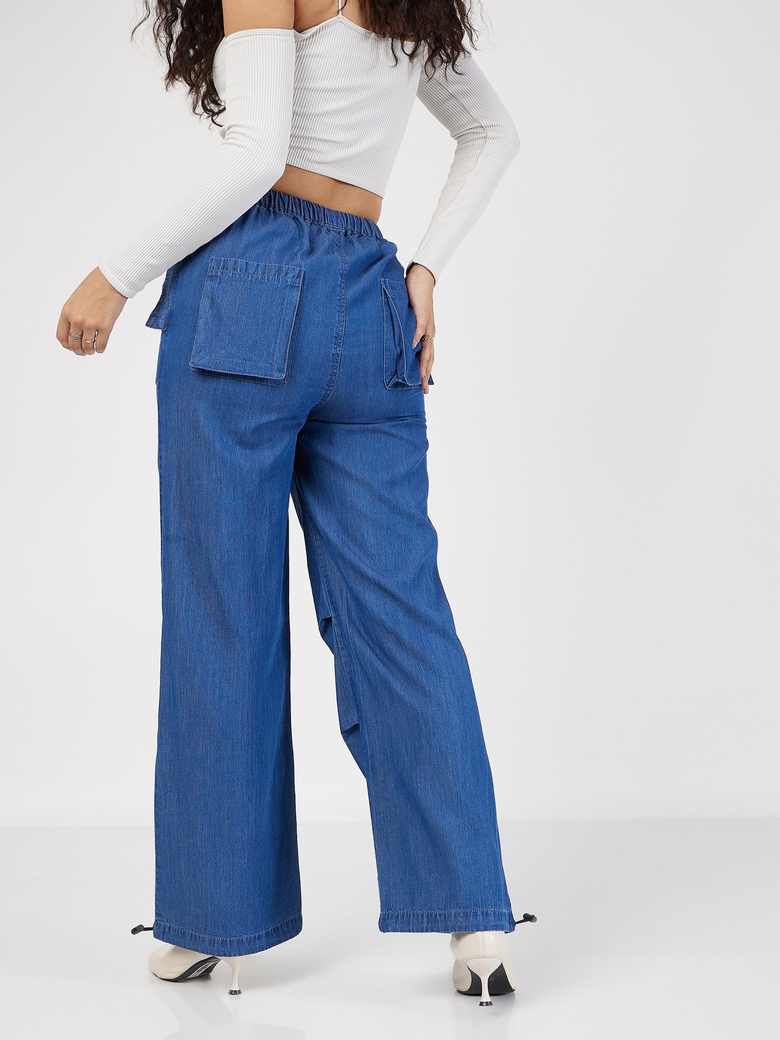 Blue Denim Baggy Fit Cargo Pants-SASSAFRAS