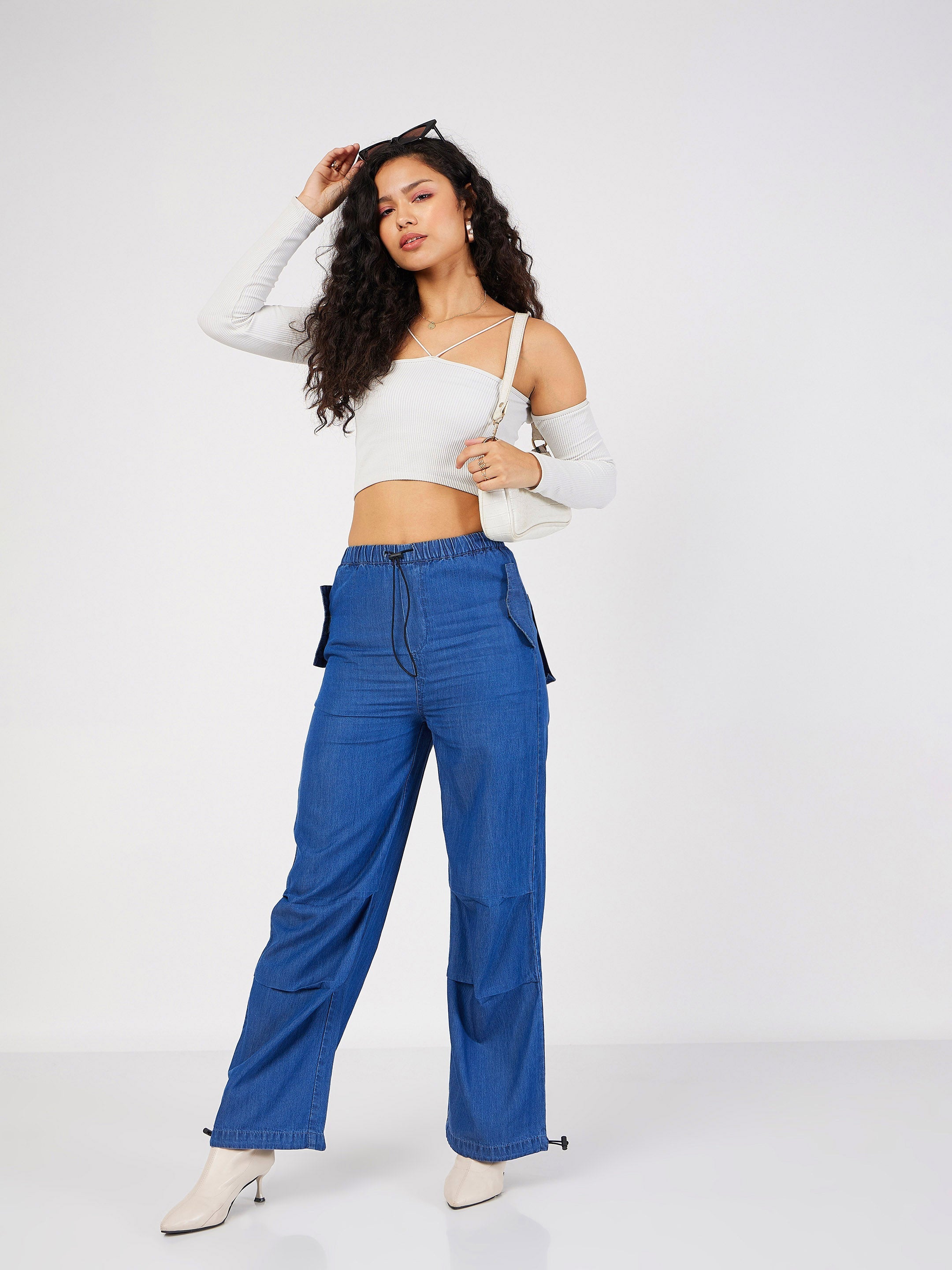 Blue Denim Baggy Fit Cargo Pants-SASSAFRAS