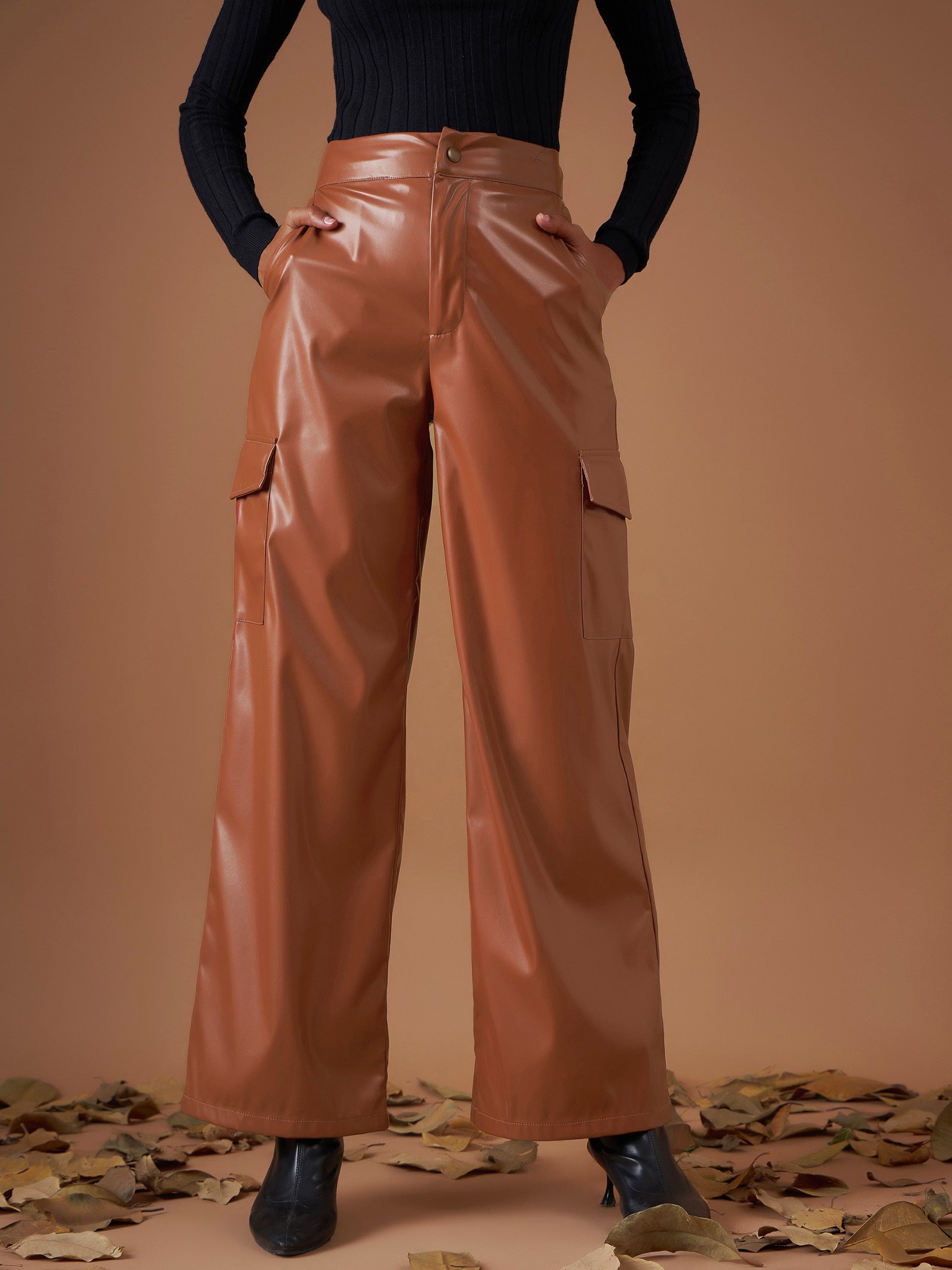 Women Brown Flap Pocket Straight Pants