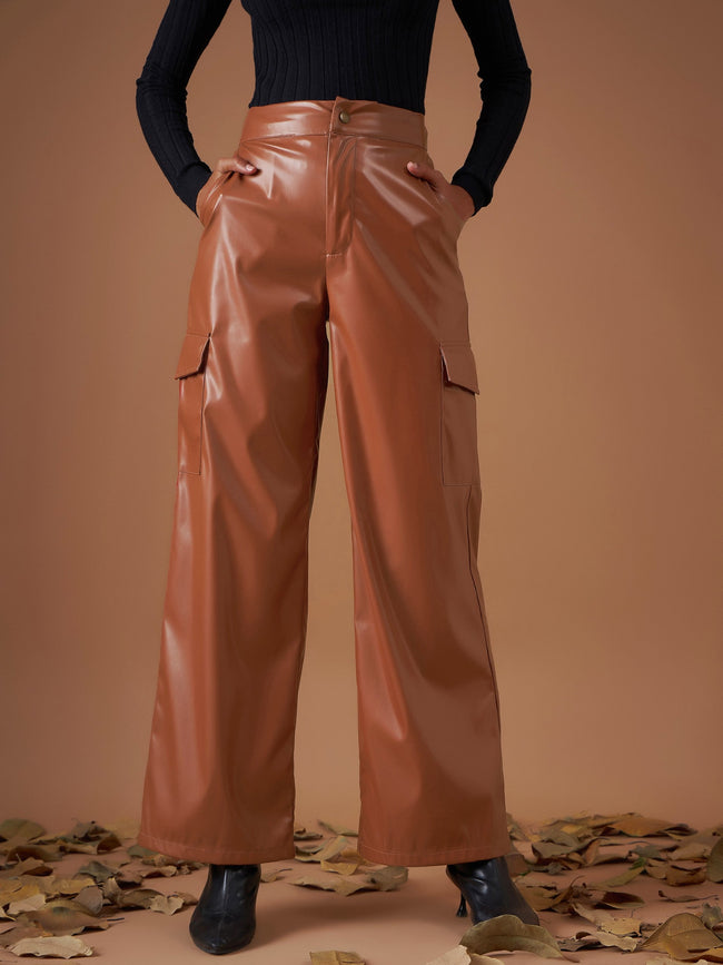 Women Brown Flap Pocket Straight Pants