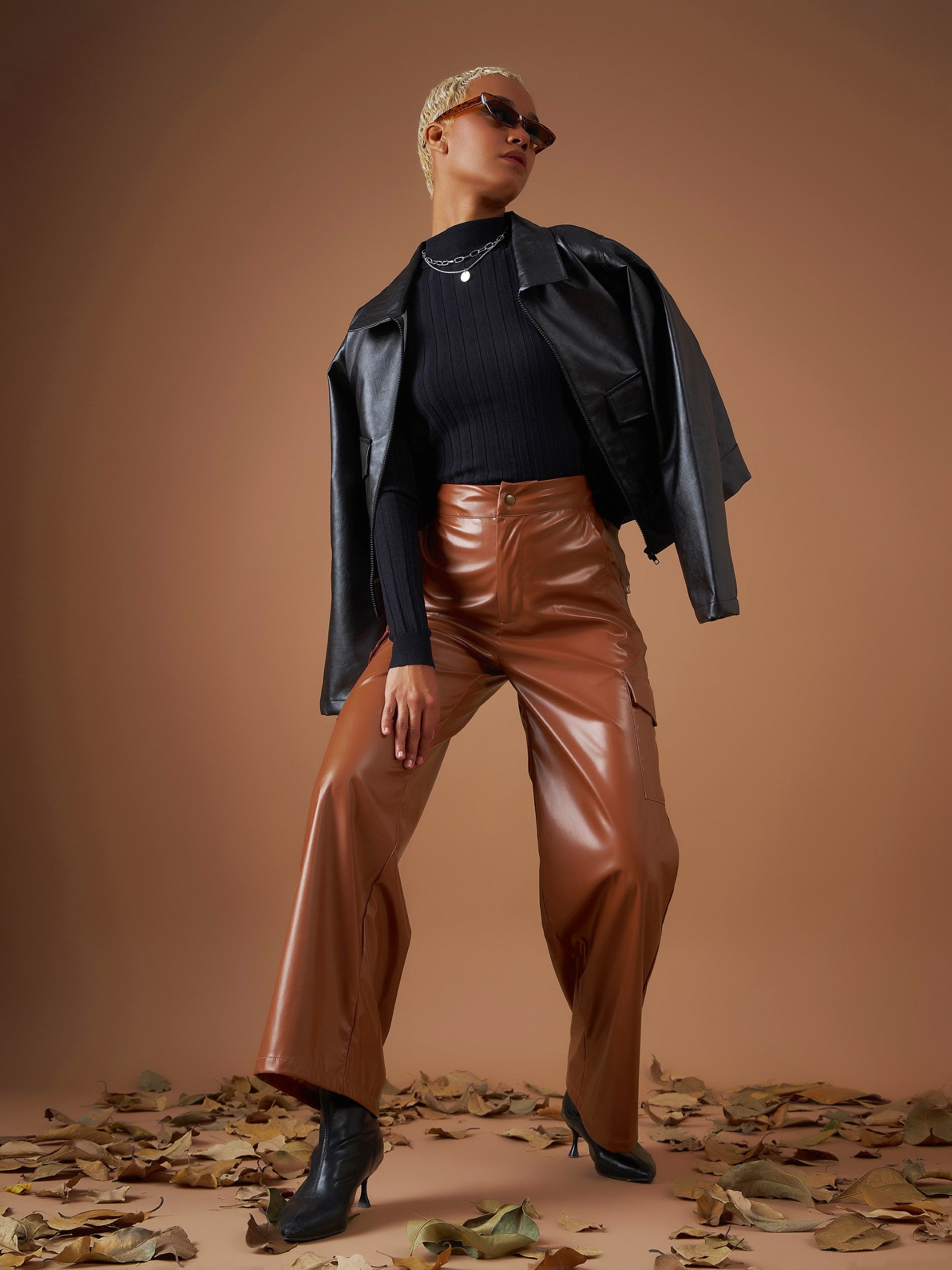 Women Brown Flap Pocket Straight Pants