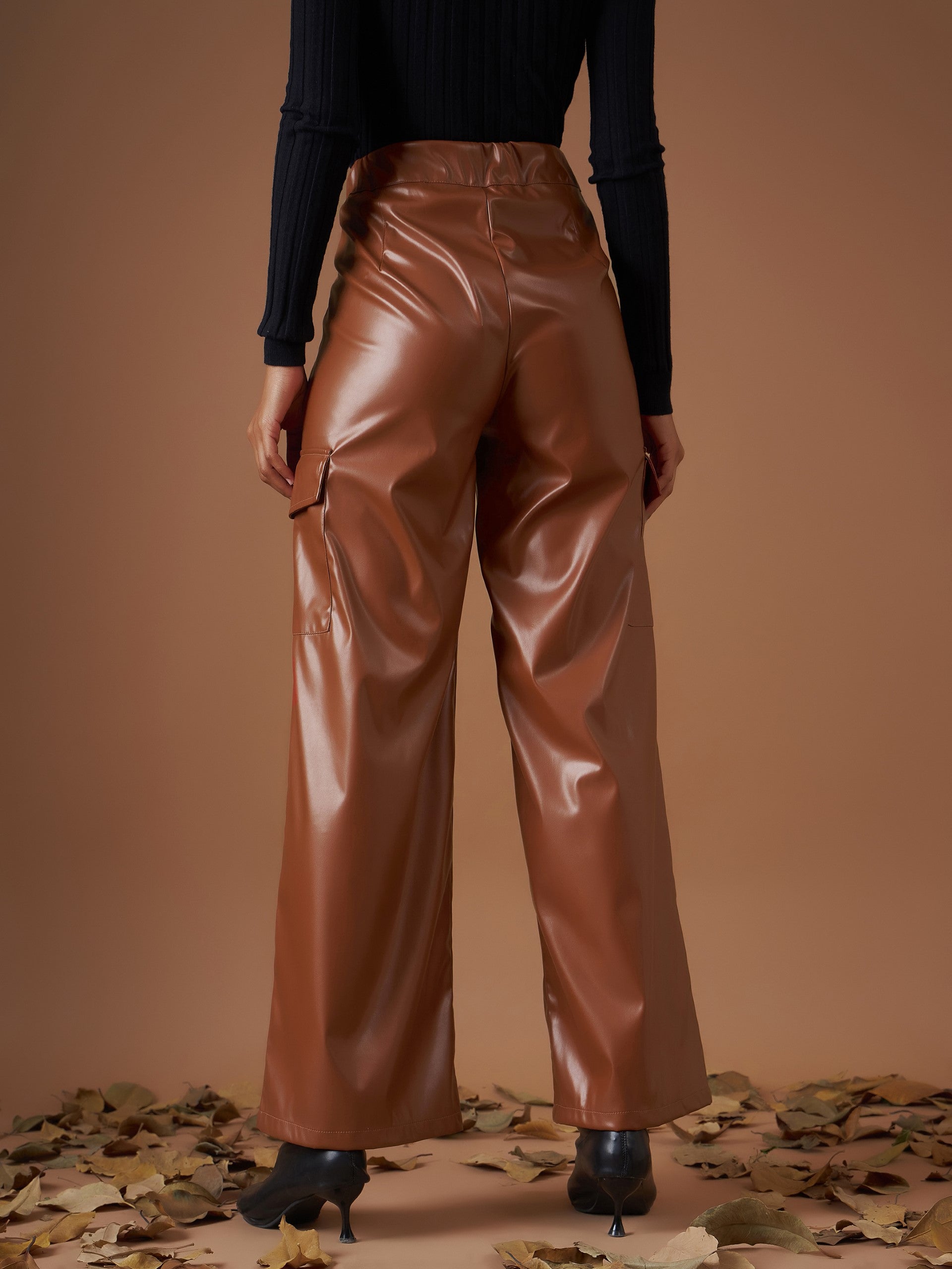 Women Brown Flap Pocket Straight Pants