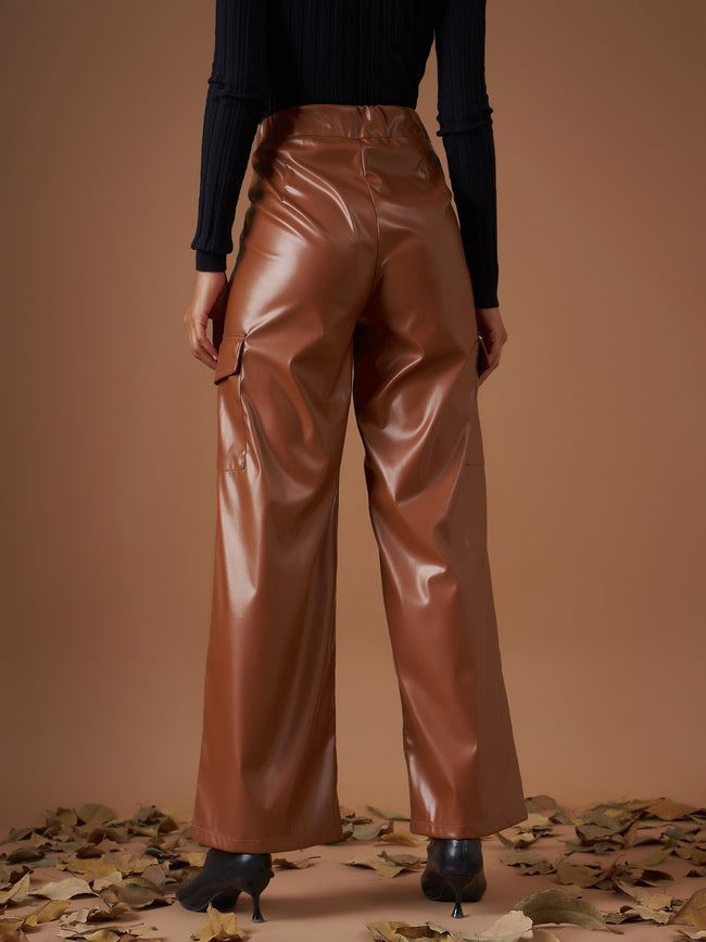 Women Brown Flap Pocket Straight Pants