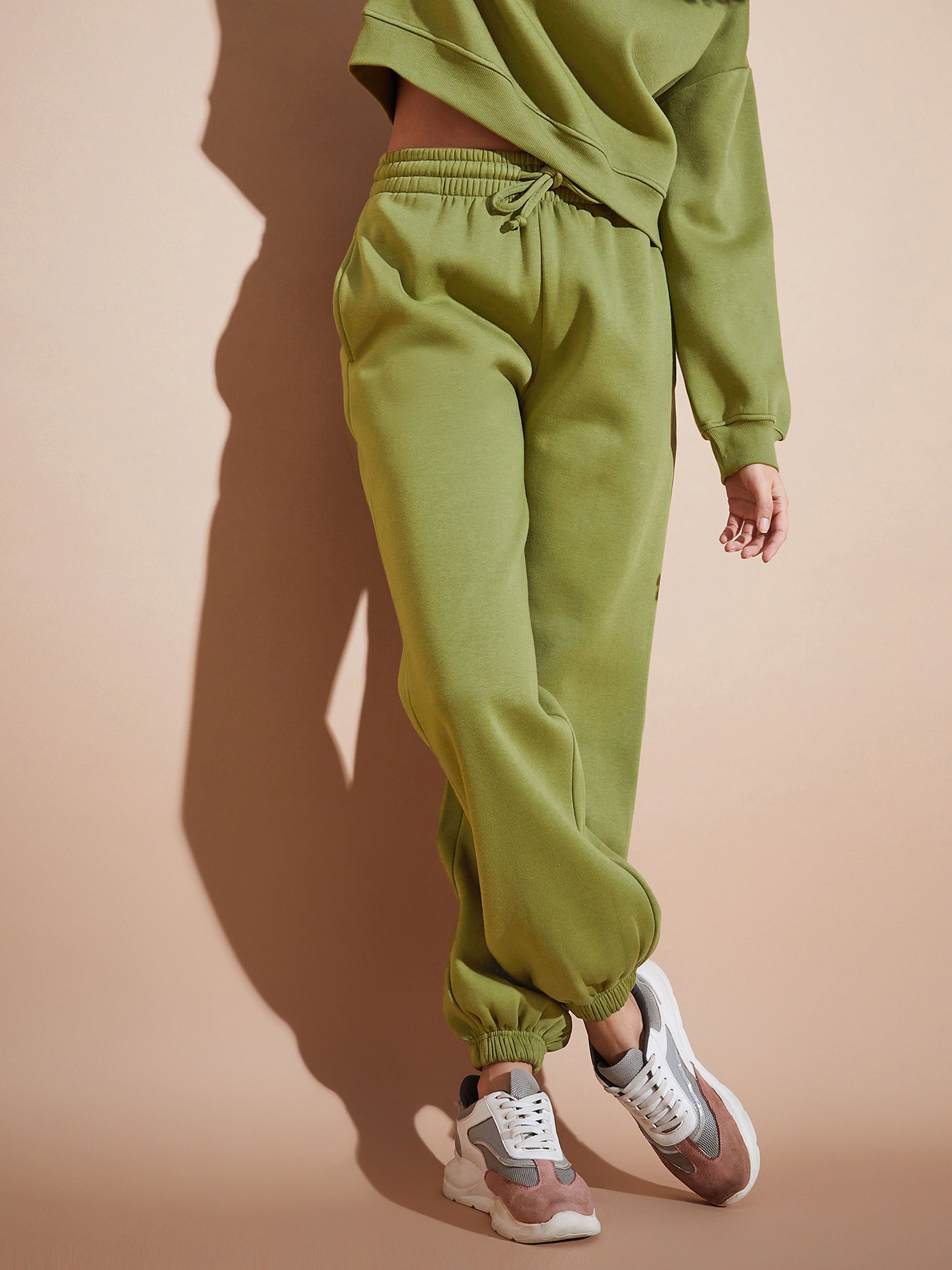 Women Olive Fleece Baggy Joggers