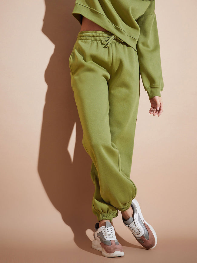 Women Olive Fleece Baggy Joggers
