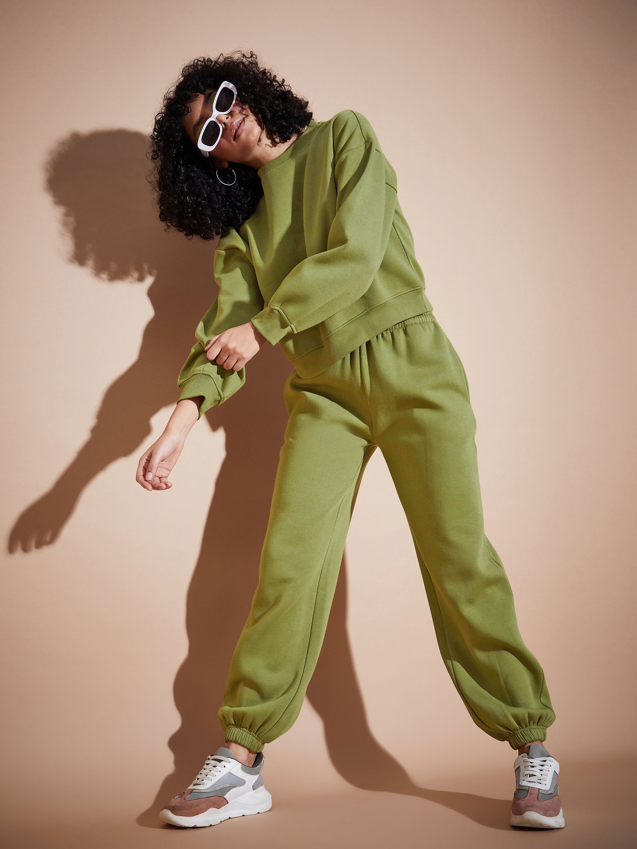 Women Olive Fleece Baggy Joggers